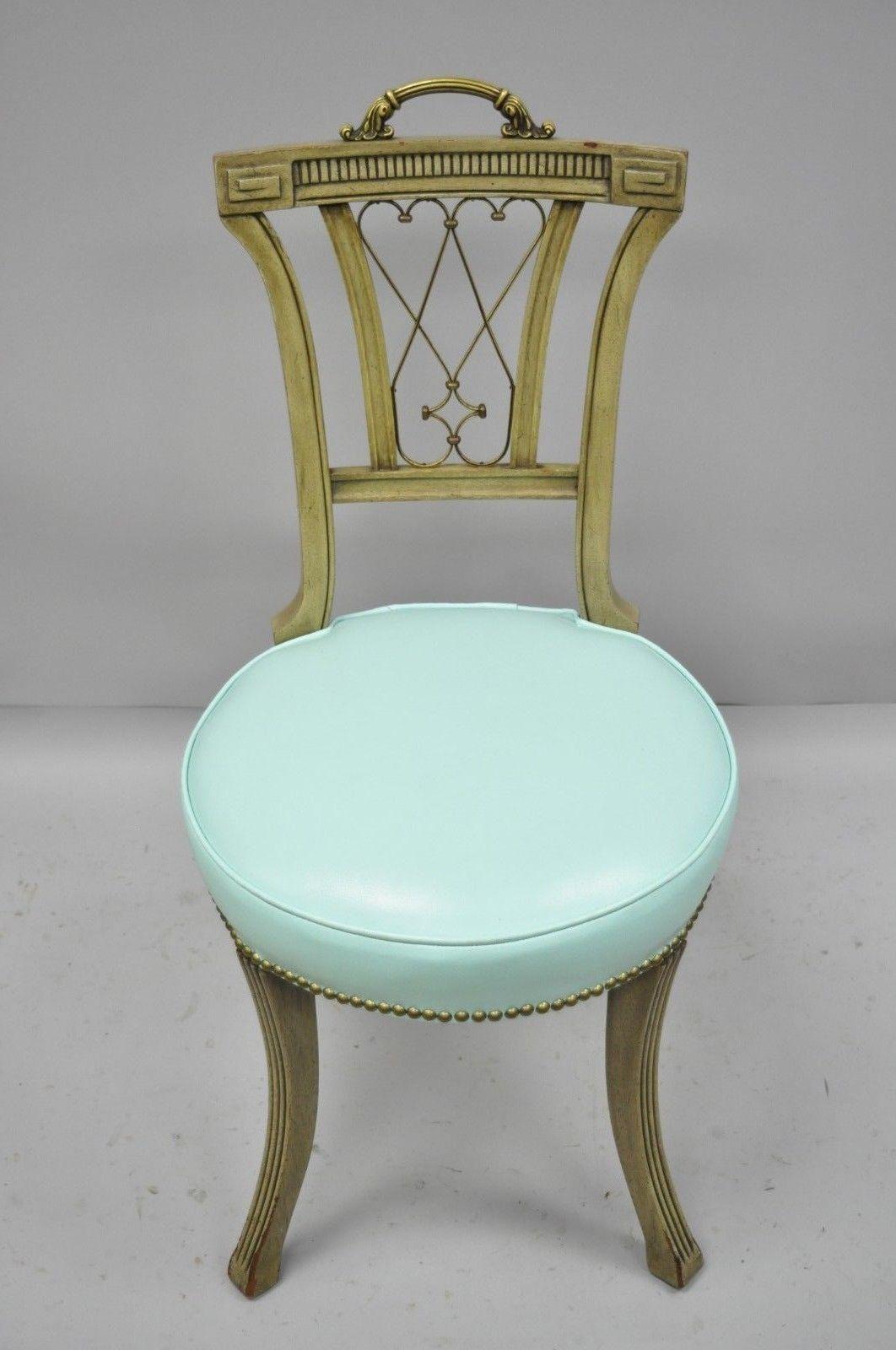 Carved Mahogany Regency Style Chair with Brass Handle and Aqua Blue Vinyl 'B' For Sale 3