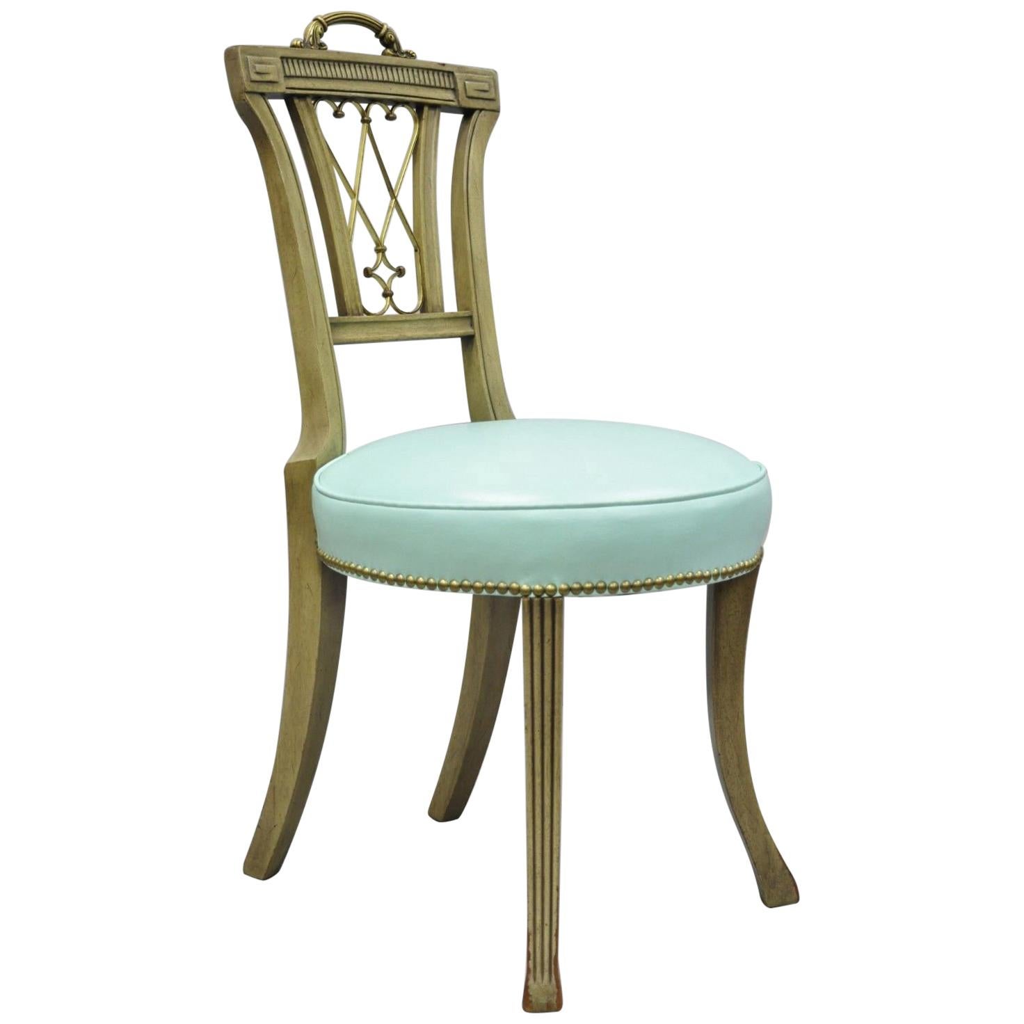 Carved Mahogany Regency Style Chair with Brass Handle and Aqua Blue Vinyl 'B'