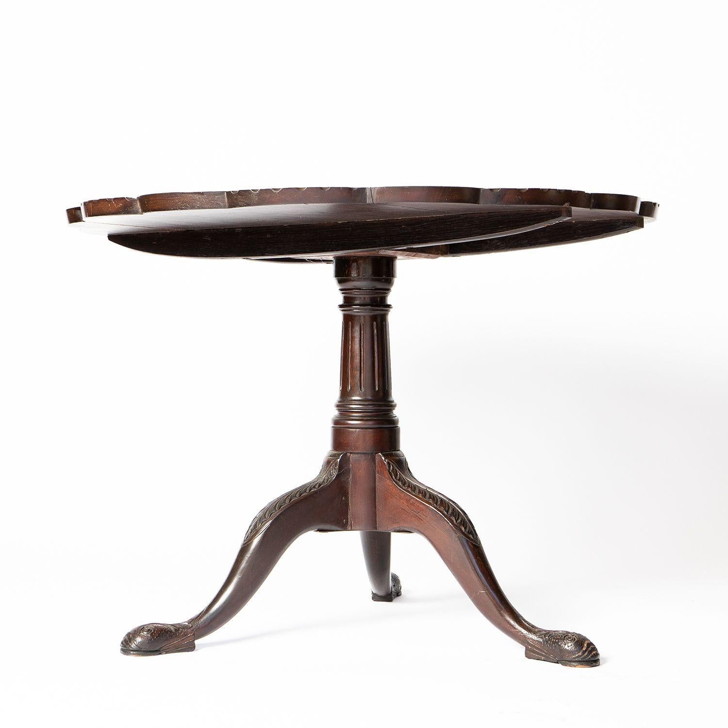 Antique Georgian Tripod Table

Profusely carved, possibly later in the 19th Century.

The multi-dished, tilt-top with elaborate acanthus and spandrel carving, on a columnar-turned stem with tripod cabriole legs and carved slipper feet.

It is in