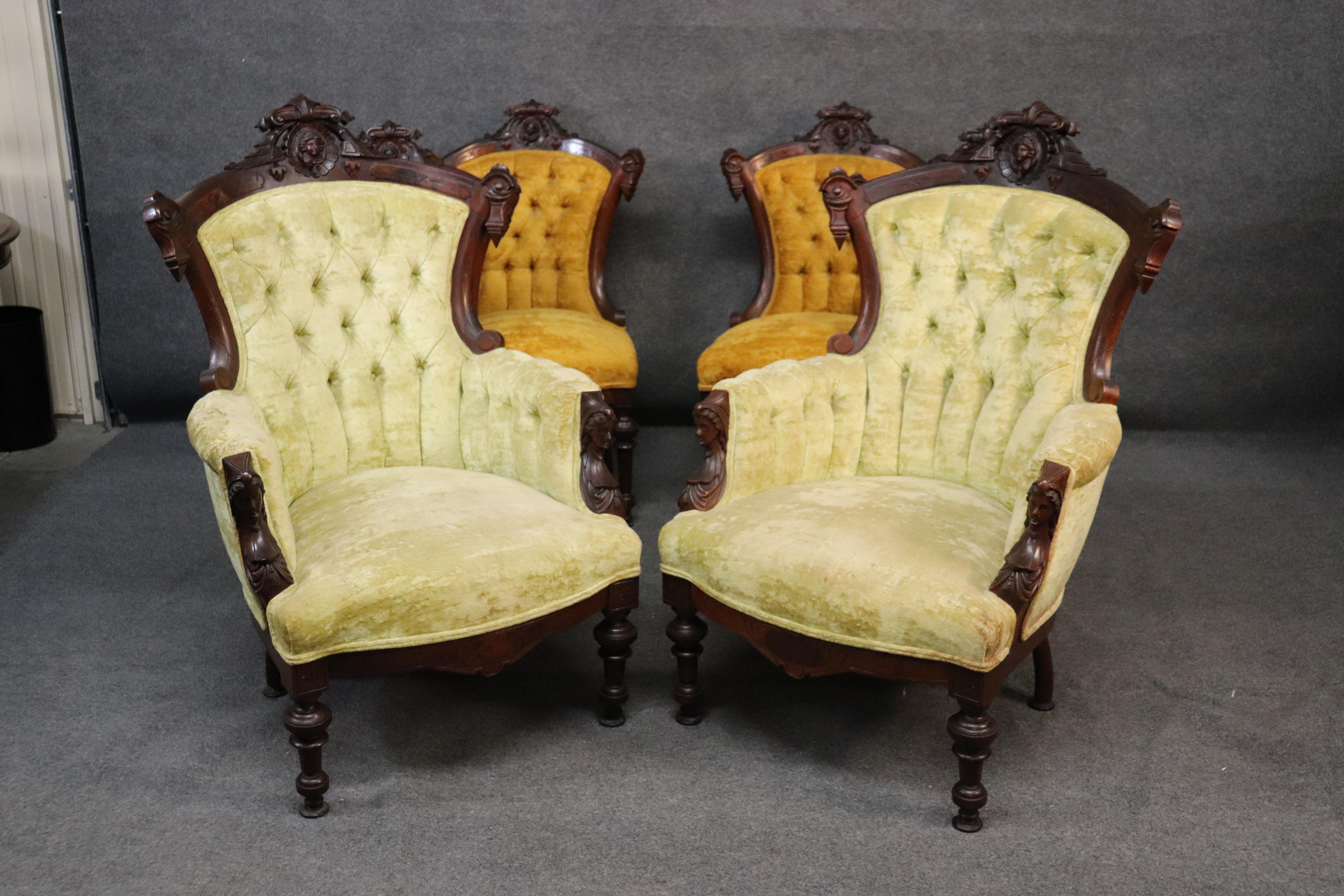 Carved Maiden Walnut John Jelliff Renaissance Revival Victorian 7 PC Parlor Set 4