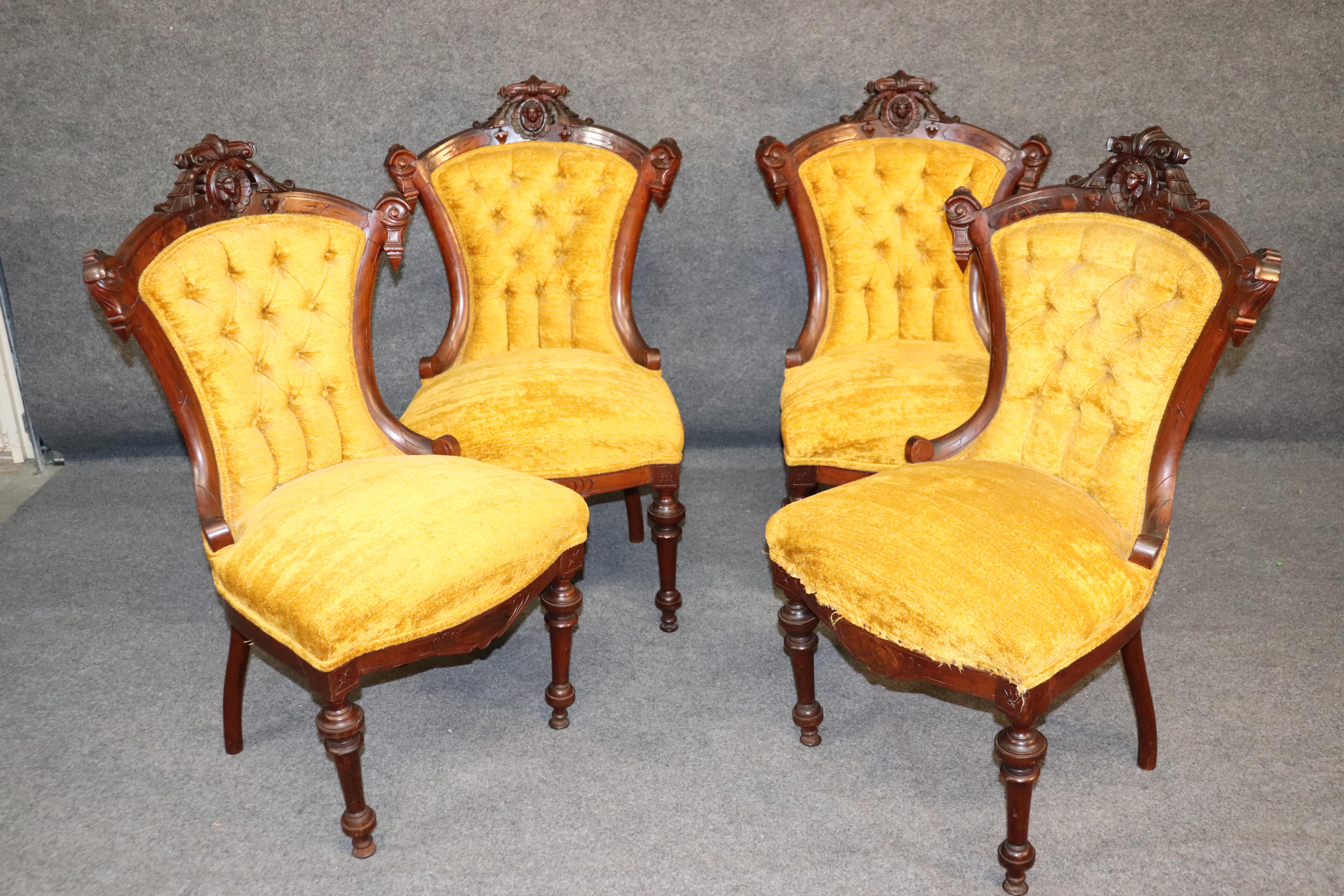 This is a rare 1870s era 7 piece John Jelliff parlor set with 4 side chairs, 2 armchairs and a matching sofa. As was customary during the earlier 20th century, pieces were often upholstered in different fabrics. These are all a matched set from the