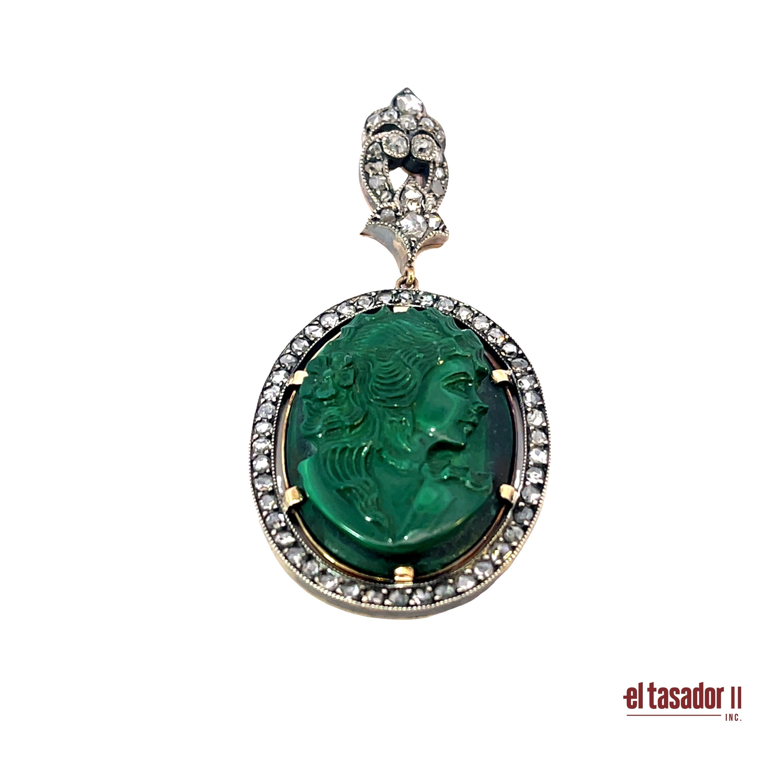 Art Deco Carved Malachite Cameo Pendant with 1.09ct Diamonds in Gold and Silver For Sale