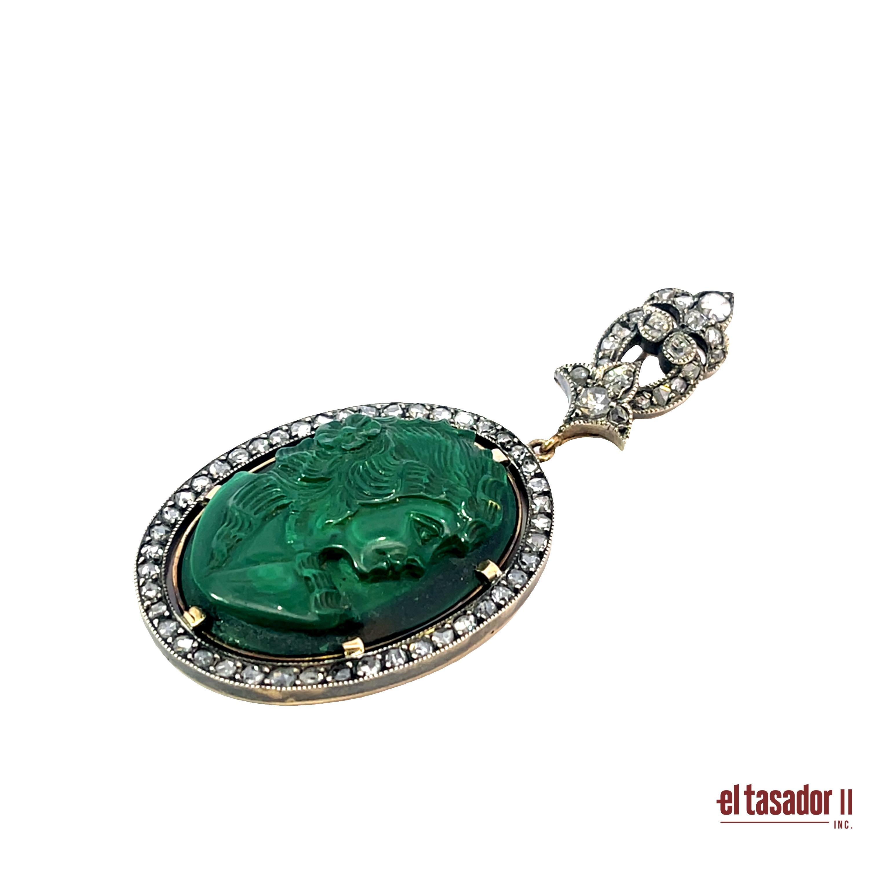 Uncut Carved Malachite Cameo Pendant with 1.09ct Diamonds in Gold and Silver For Sale