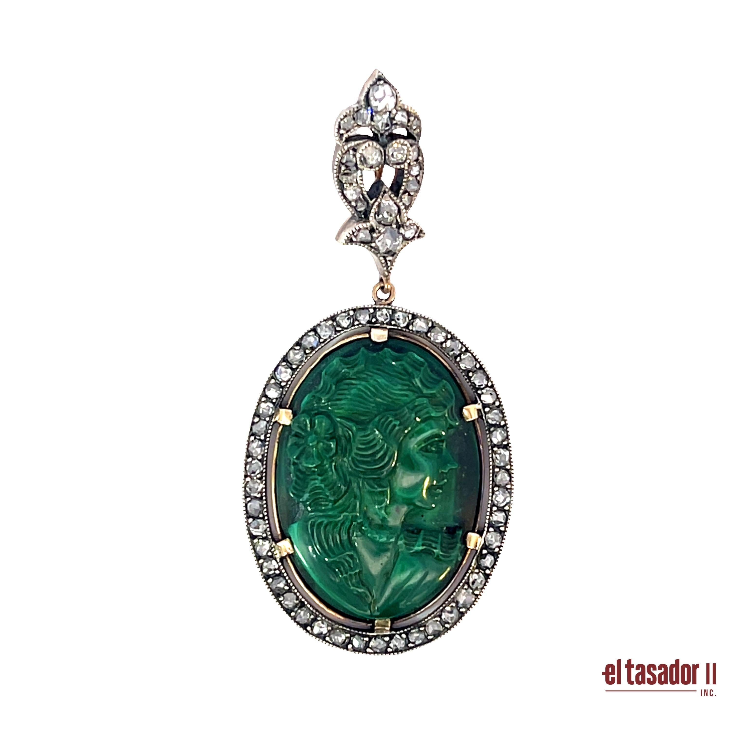 Carved Malachite Cameo Pendant with 1.09ct Diamonds in Gold and Silver In Good Condition For Sale In Aventura, FL