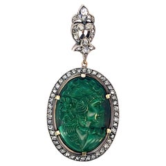 Carved Malachite Cameo Pendant with 1.09ct Diamonds in Gold and Silver