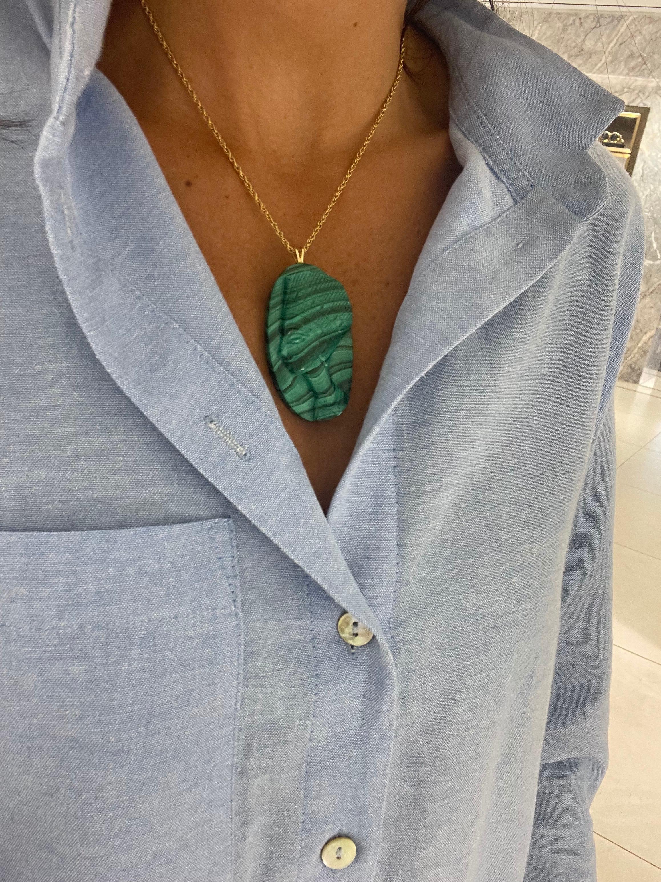 Carved Malachite Pendant with Carved Head Motif  In New Condition For Sale In New York, NY