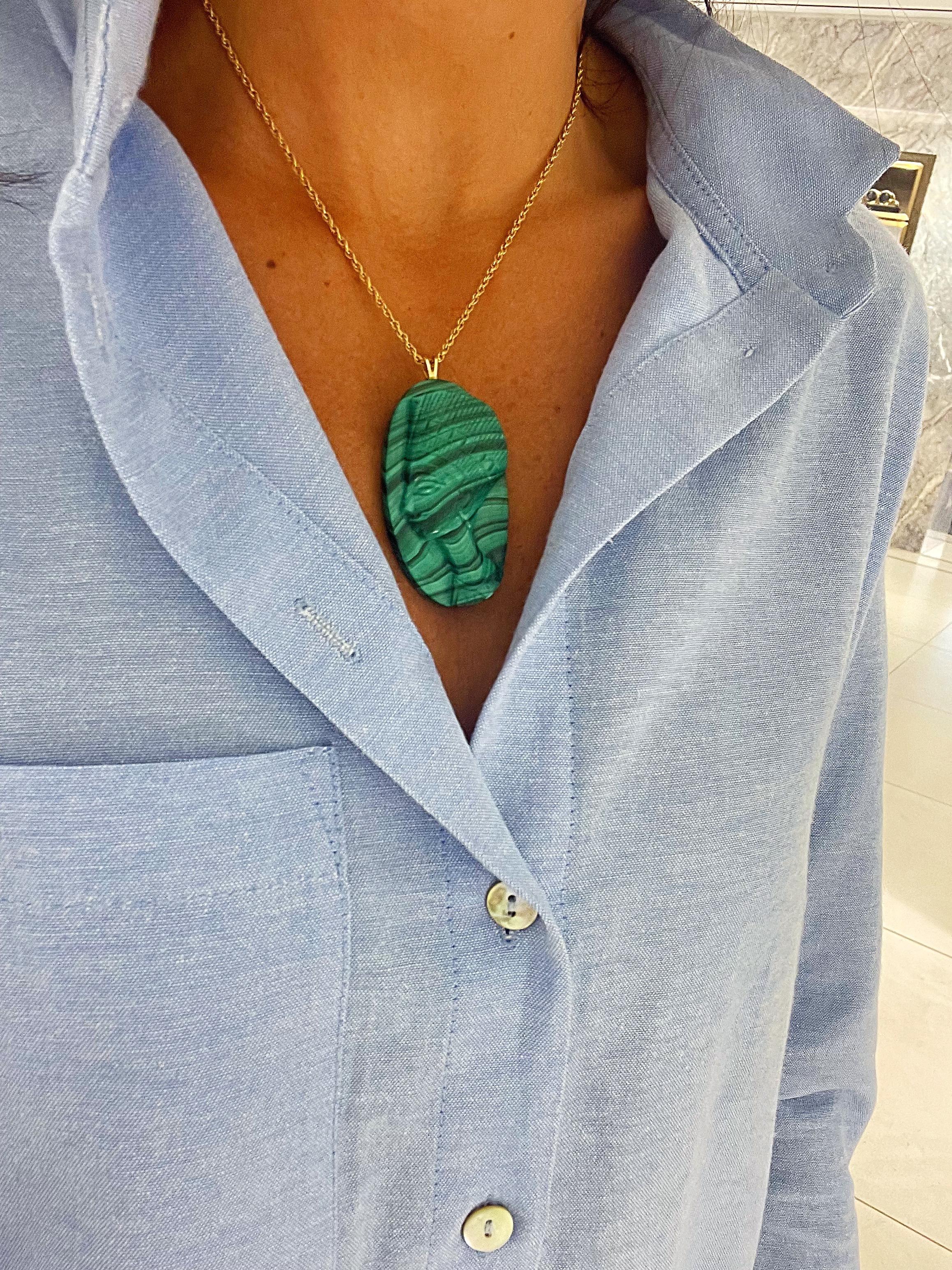 Women's or Men's Carved Malachite Pendant with Carved Head Motif  For Sale