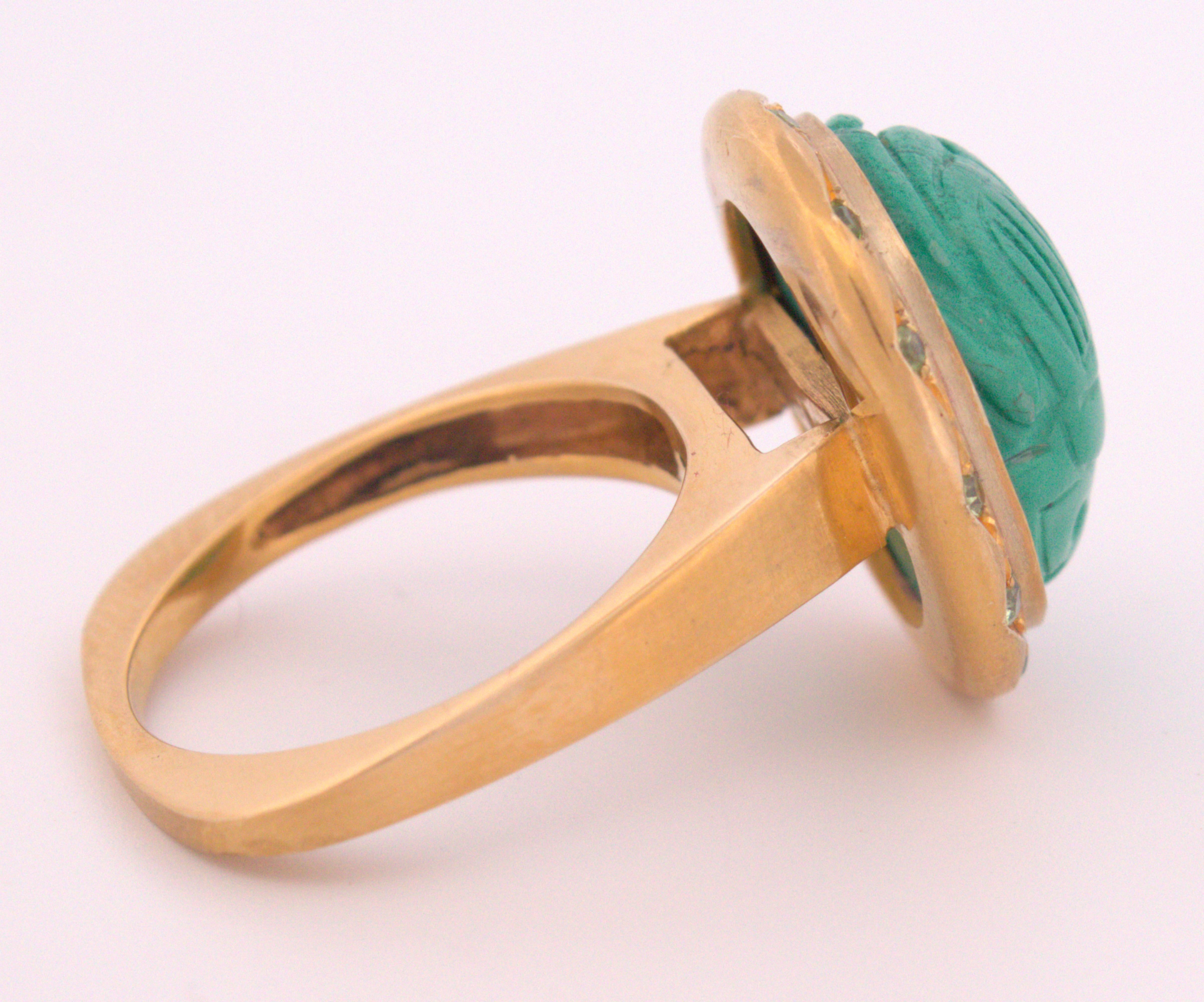 Escarabajo de Malaquita Tallada, Granate Demantoide, Anillo de Oro Amarillo de 12K en venta 12