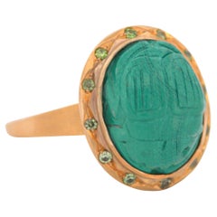 Carved Malachite Scarab, Demantoid Garnet, 12K Yellow Gold Ring