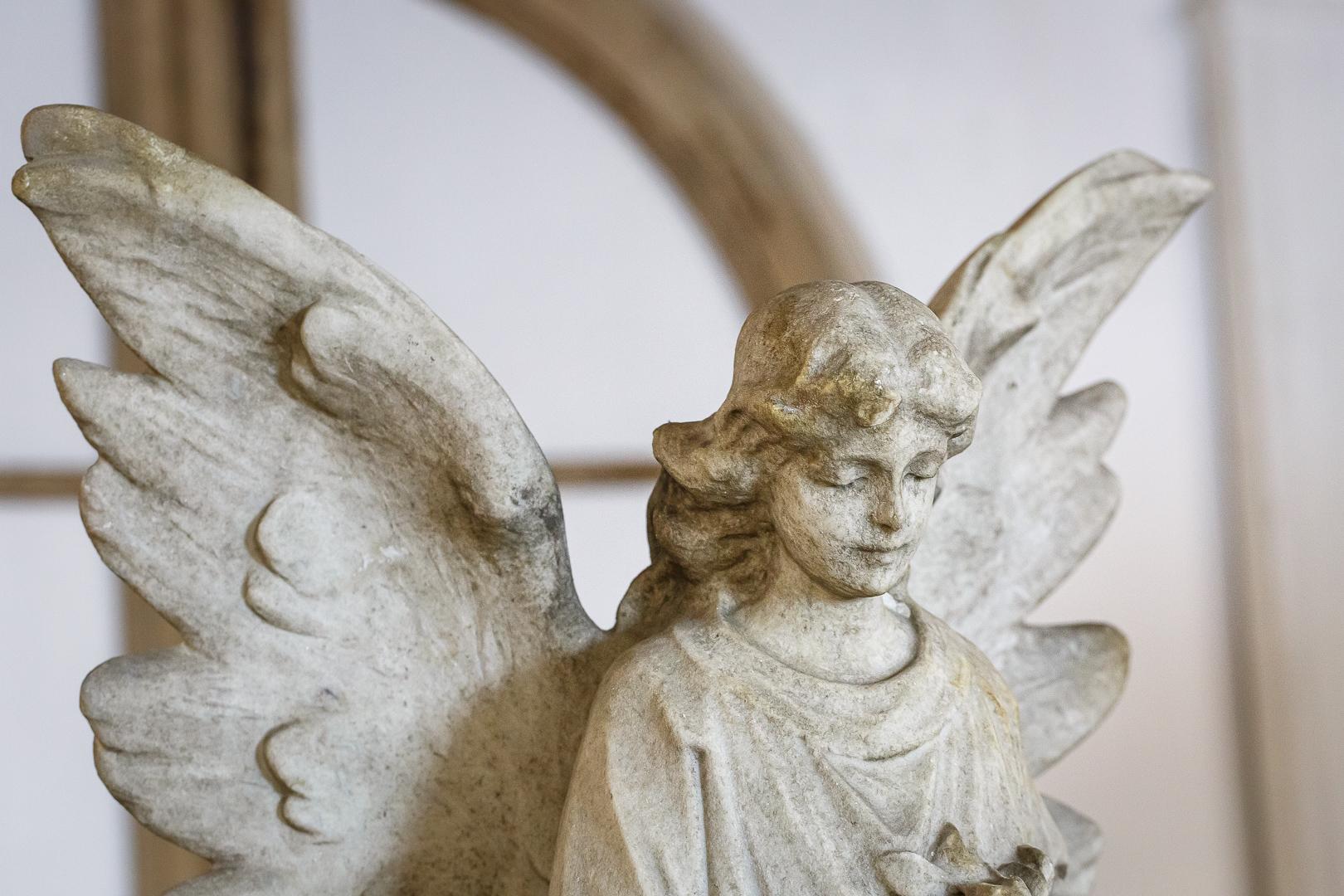 English Carved Marble Angel with Outstretched Wings