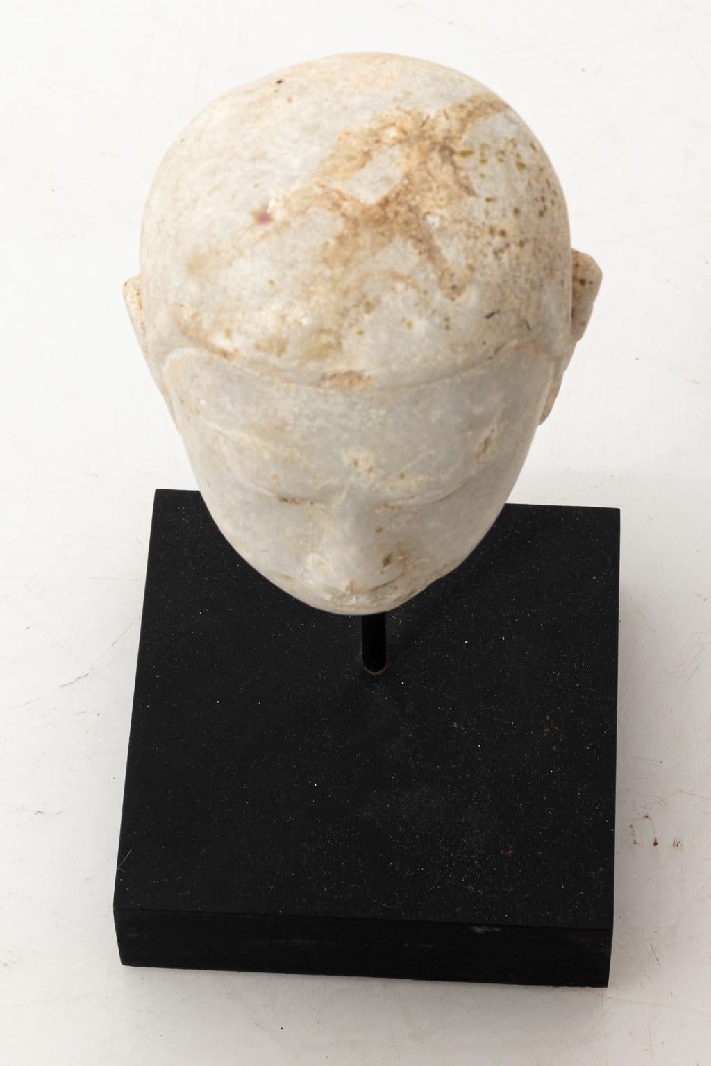 Carved Marble Buddha Head Statue on Stand 1