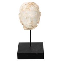 Carved Marble Buddha Head Statue on Stand