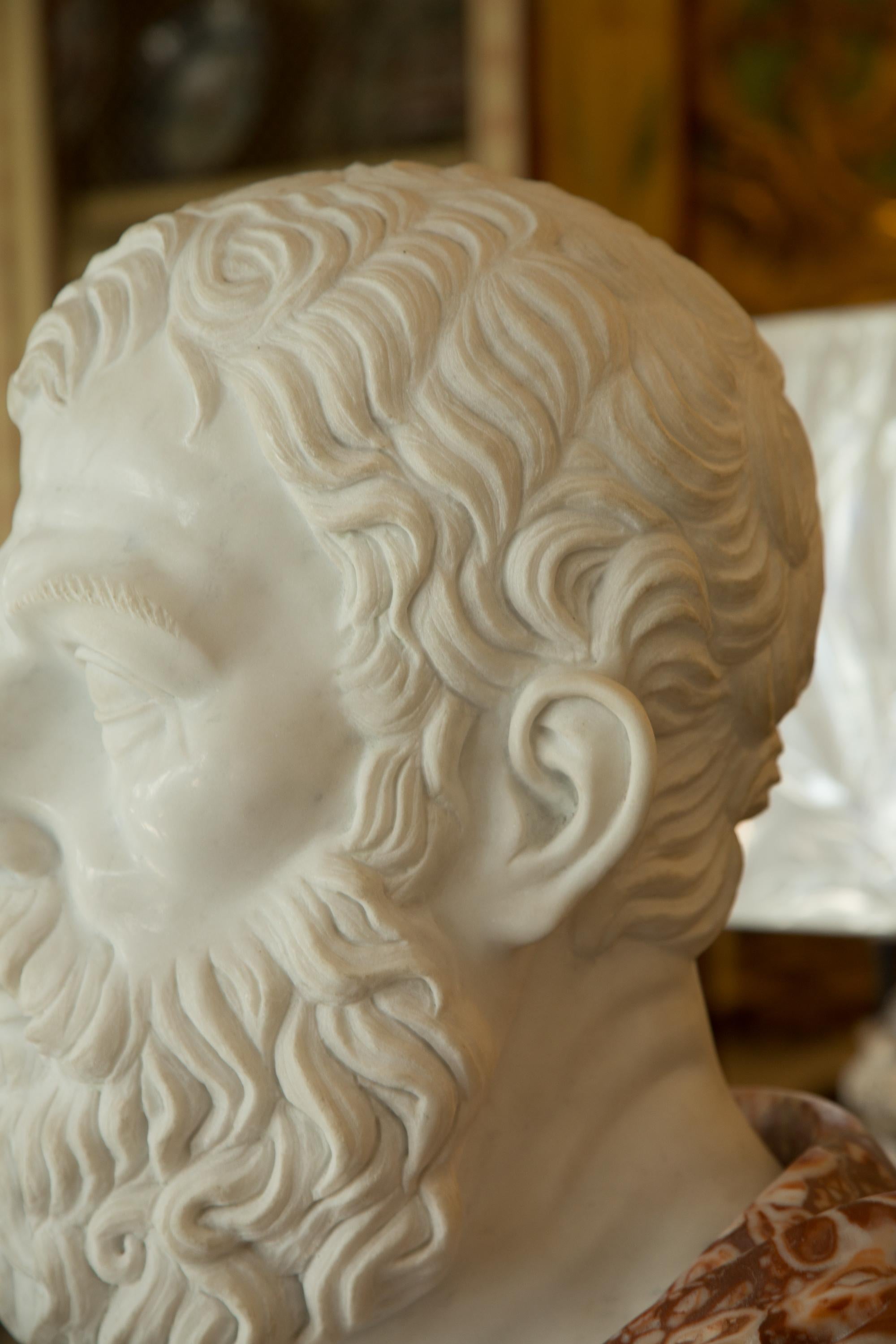 Neoclassical Carved Marble Bust of a Greco-Roman Figure with Large Marble Pedestal  For Sale