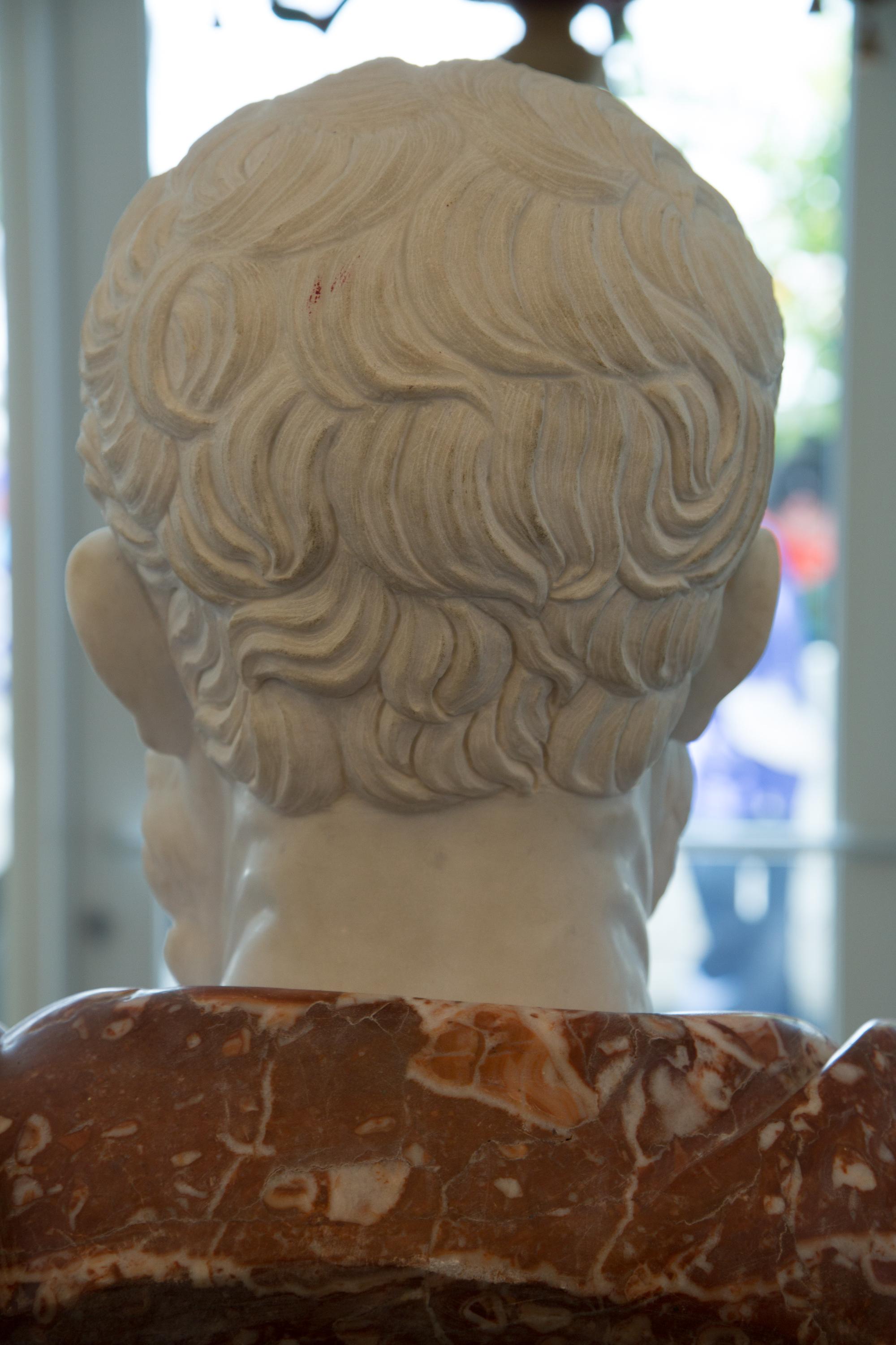 Hand-Carved Carved Marble Bust of a Greco-Roman Figure with Large Marble Pedestal  For Sale