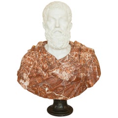 Carved Marble Bust of a Greco-Roman Figure with Large Marble Pedestal