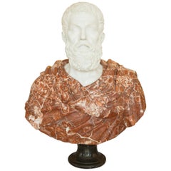 Carved Marble Bust of a Greco-Roman Figure with Large Marble Pedestal 