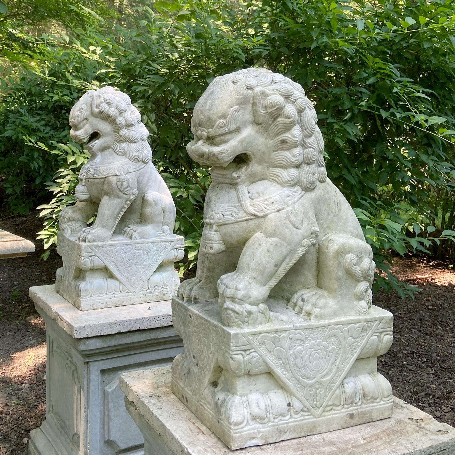 A pair of carved marble foo dogs, also known as shishi or Chinese guardian lions, Asian, ca. 1930. Each 22 ins. high, 8 ins. wide, 11.5 ins. long. 

Provenance: The estate of Henry E. I. du Pont and Martha A. C. du Pont, previously installed at