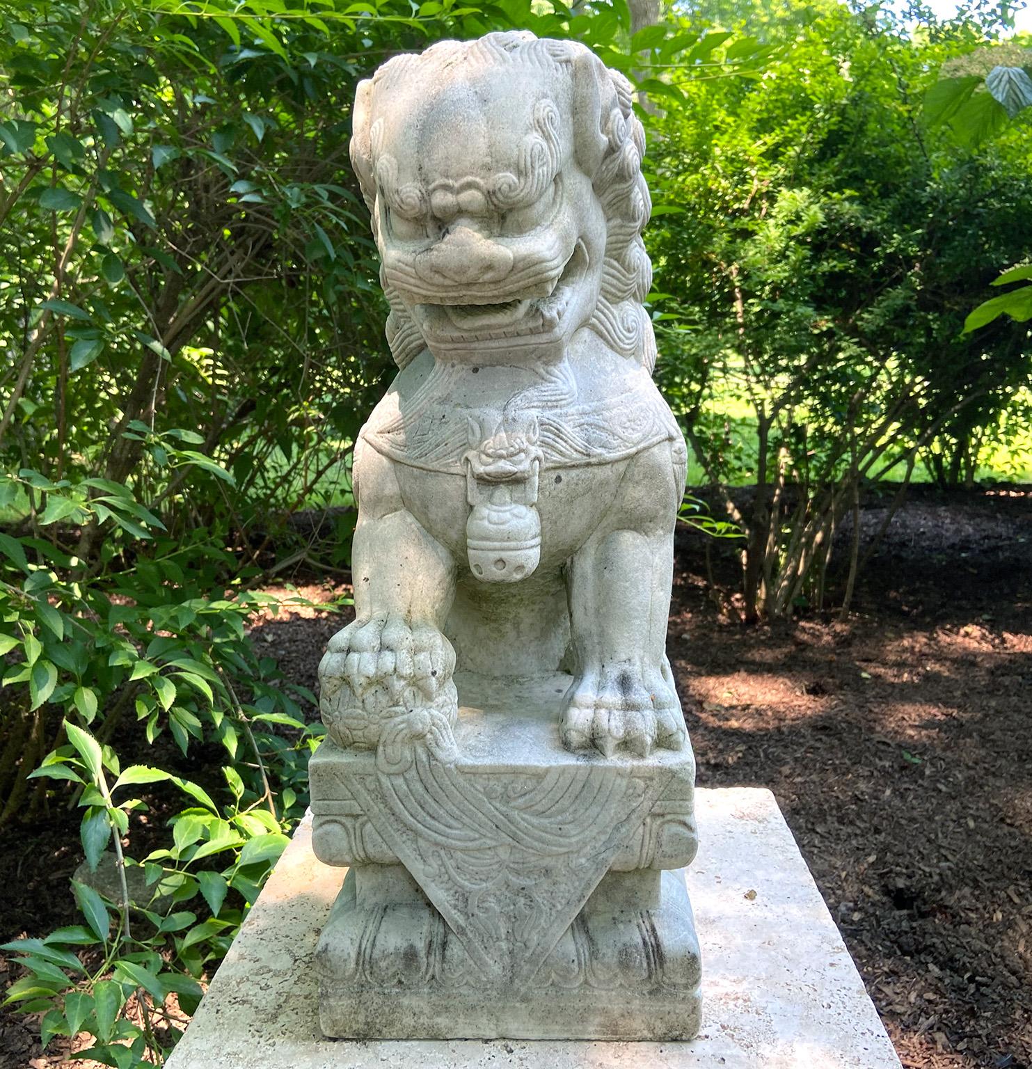 Carved Marble Chinese Guardian Lions, Foo Dogs In Good Condition In Katonah, NY