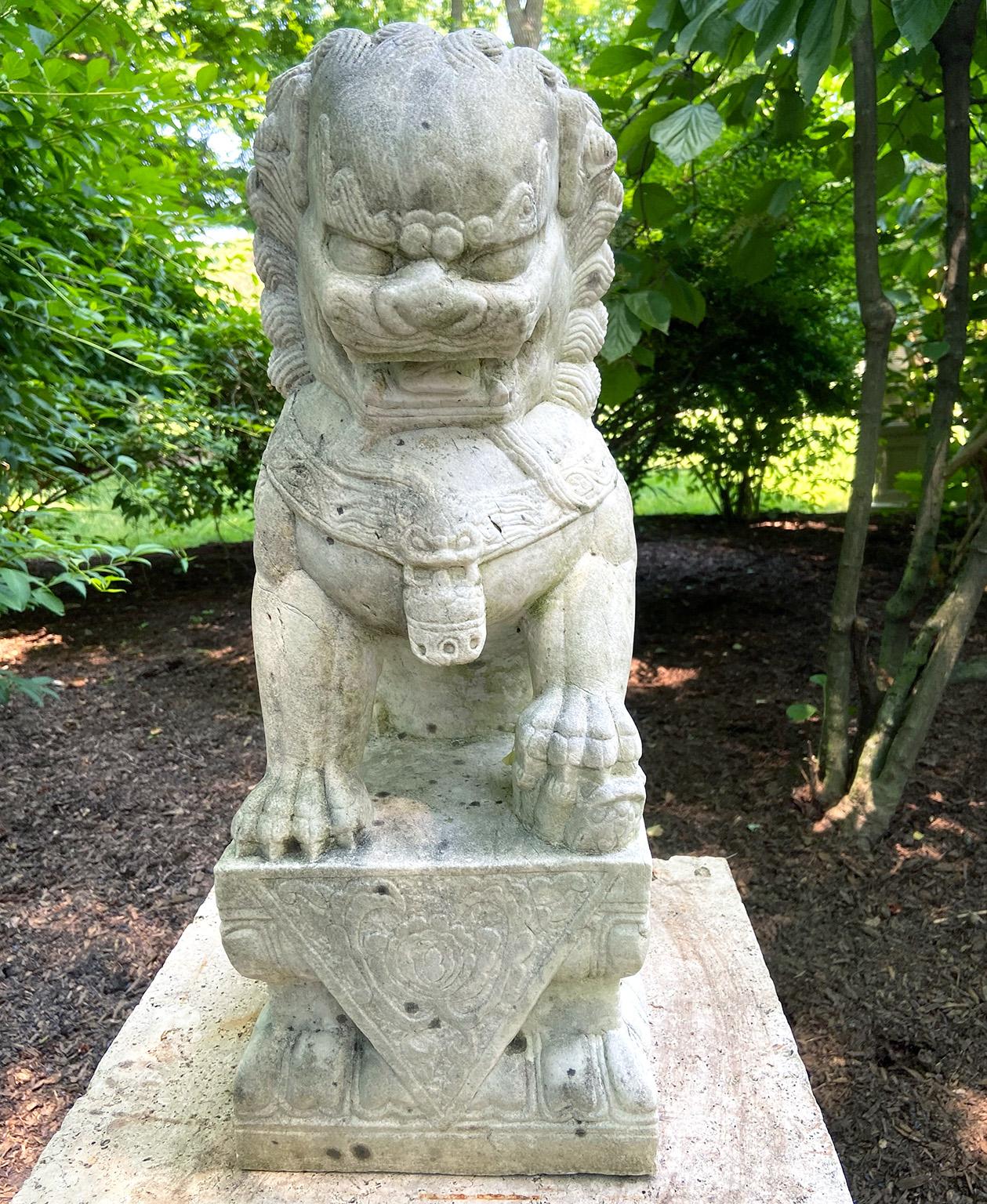Mid-20th Century Carved Marble Chinese Guardian Lions, Foo Dogs