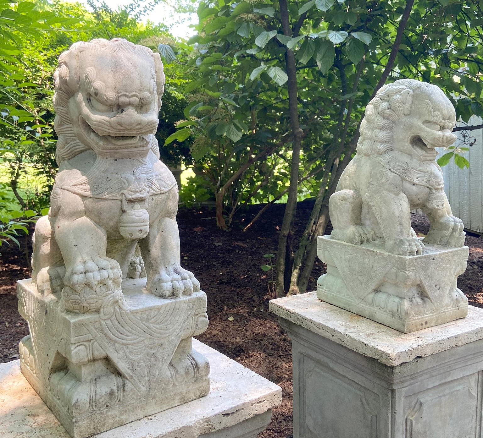 Carved Marble Chinese Guardian Lions, Foo Dogs 1
