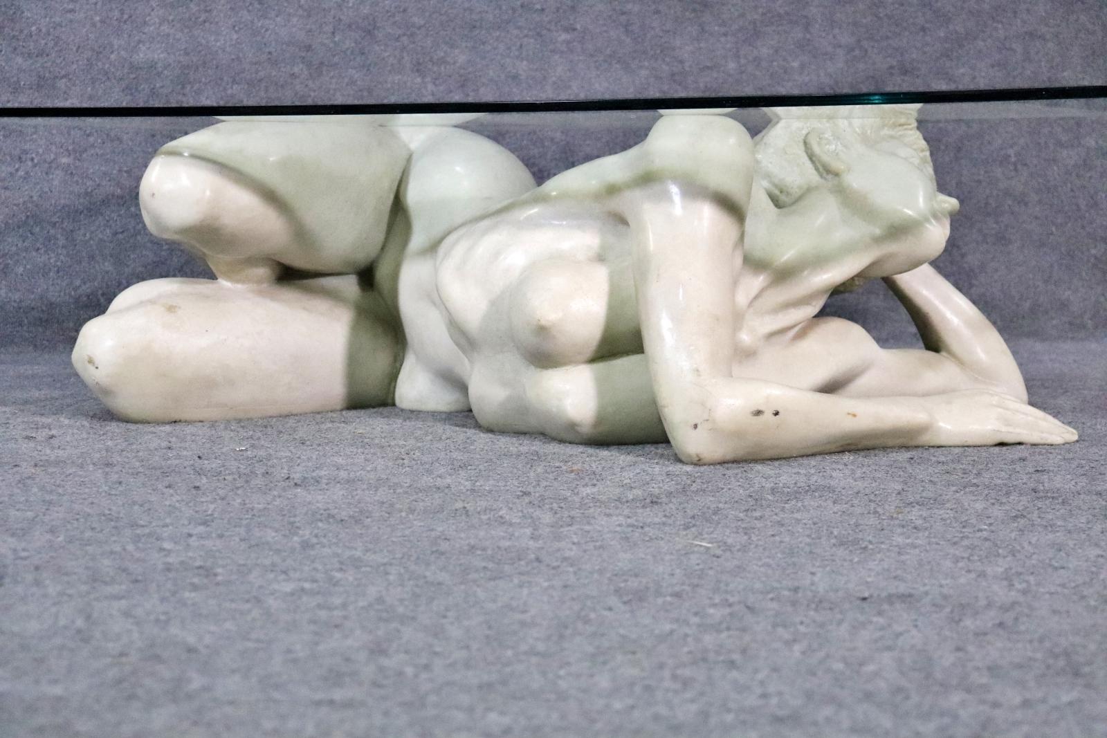 Post-Modern Carved Marble Figure of a Nude Woman Coffee Table Glass Top  For Sale
