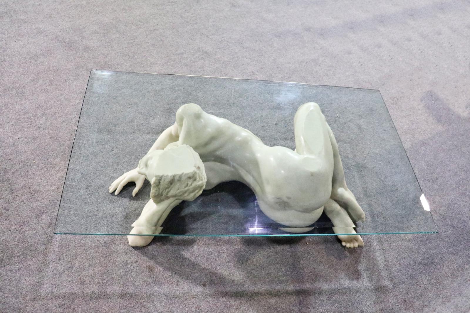 Carved Marble Figure of a Nude Woman Coffee Table Glass Top  In Good Condition For Sale In Swedesboro, NJ