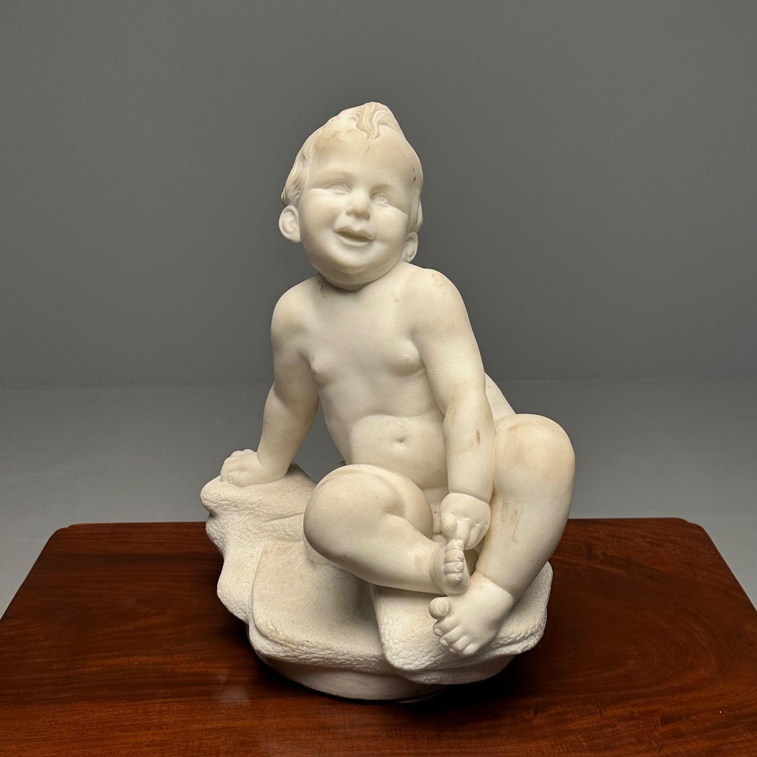 Carved Marble Figure of Seated Nude Child, 19th/Early 20th Century, Statue

A lovely finely detailed figure of a male child seated upon a base playing with his toes. This statue has genitalia tastefully exposed.

Height 19 1/2 inches.

SZA