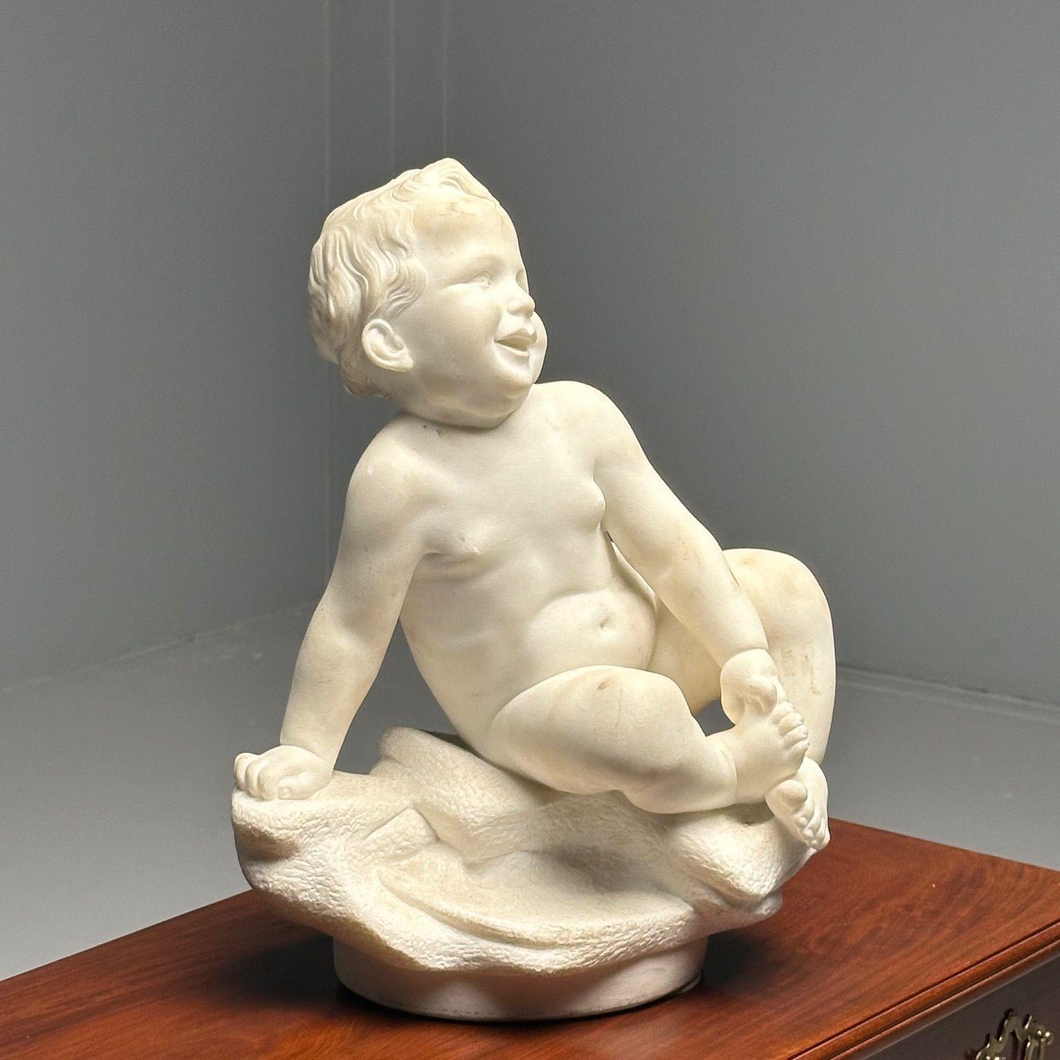 Carved Marble Figure of Seated Nude Child, 19th/Early 20th Century, Statue In Good Condition For Sale In Stamford, CT