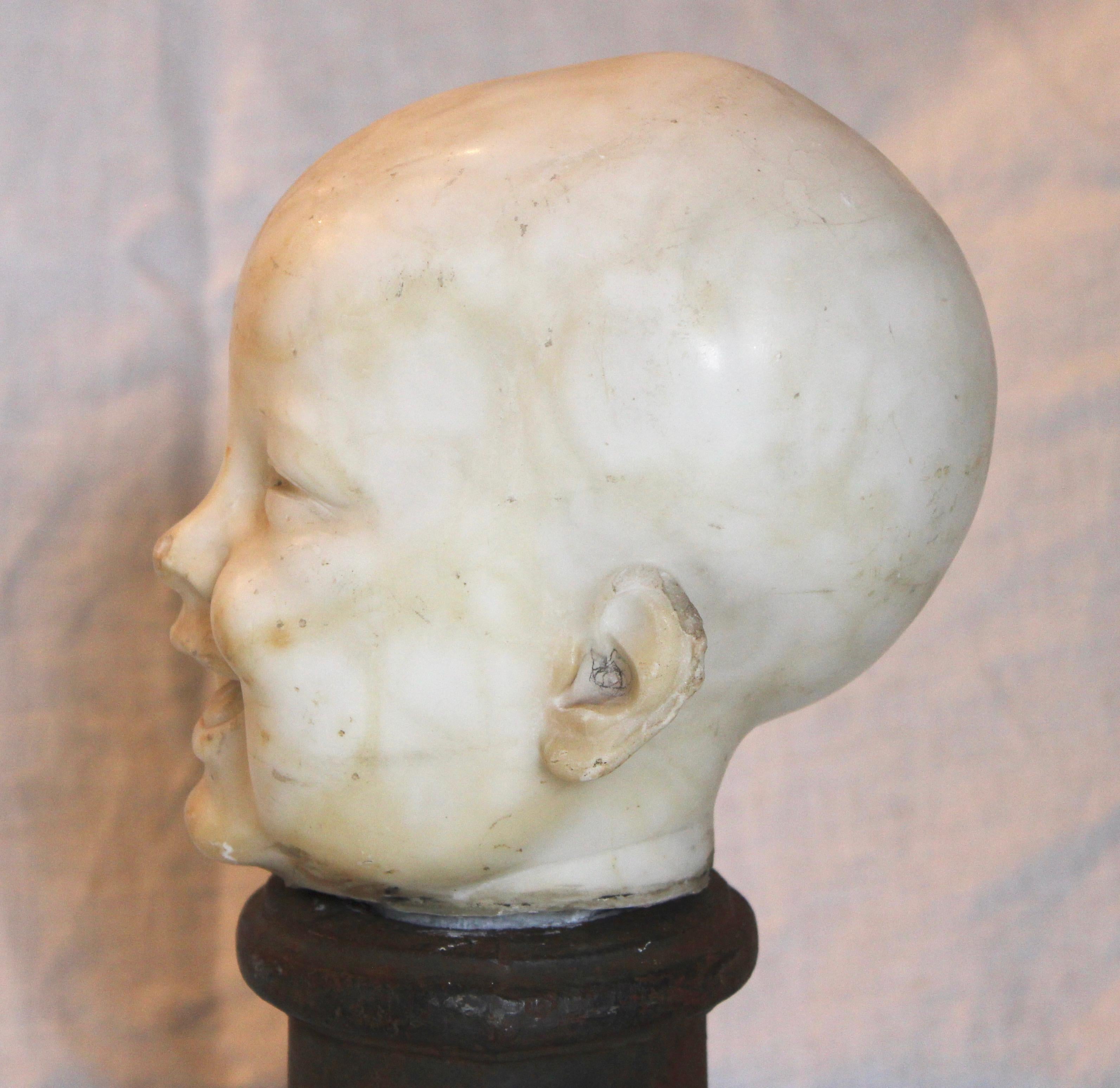 Carved Marble Infant's Head Sculpture Mounted on Metal Base 2