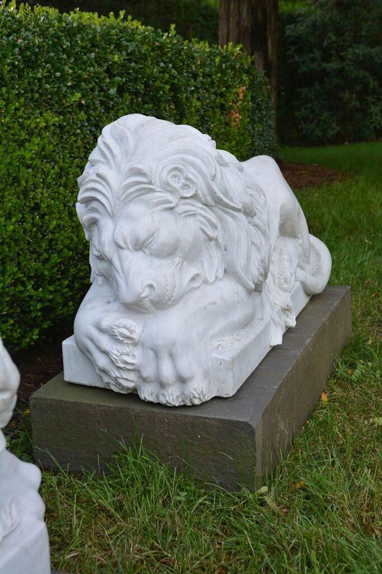 Neoclassical Revival Carved Marble Lions