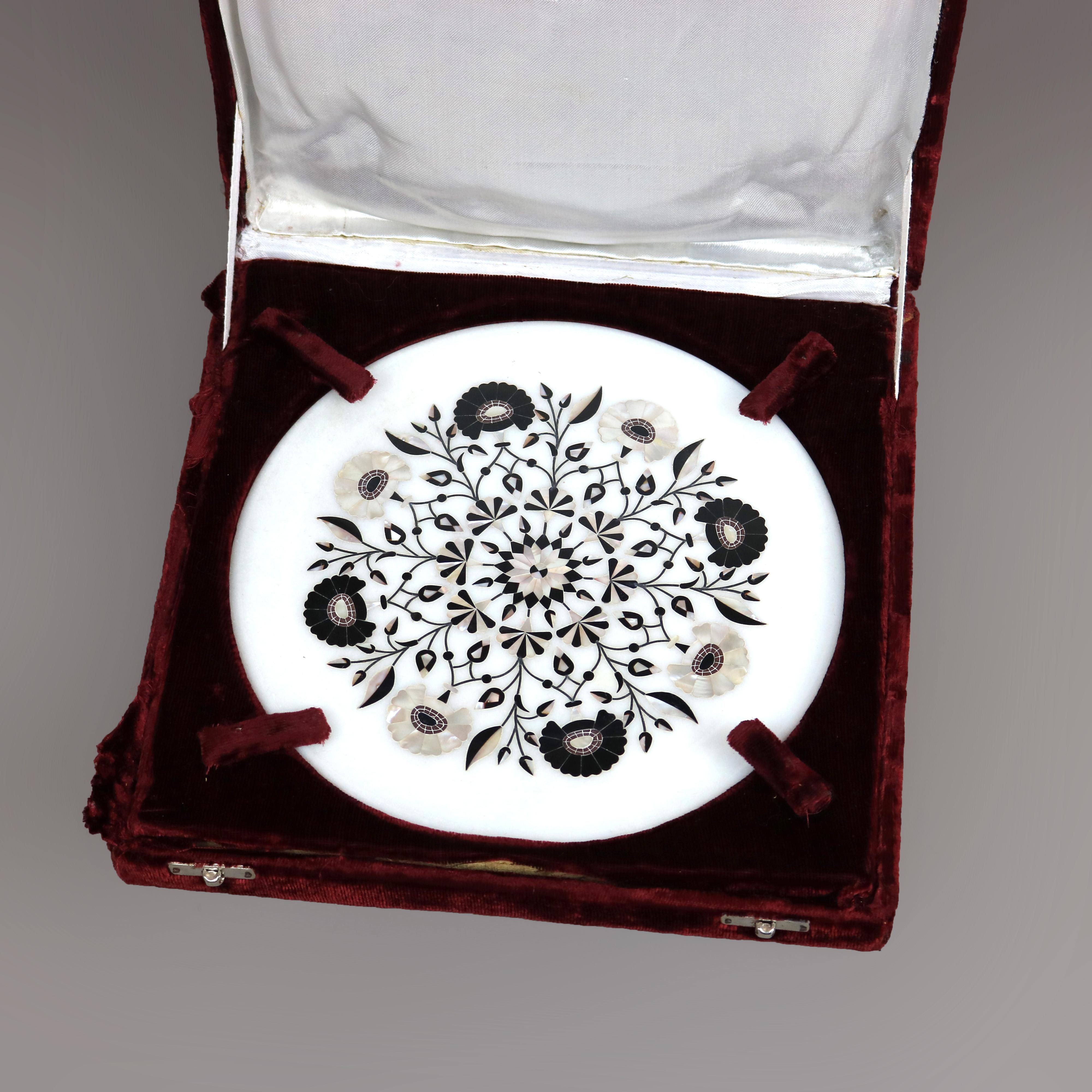 20th Century Carved Marble, Mother of Pearl & Ebony Presentation Plate & Box, c1940