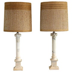 Carved Marble Pillar Lamps W/ Maria Kipp Shades