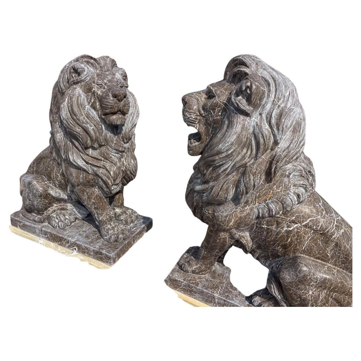 Contemporary Carved Marble Seated Estate Lions For Sale