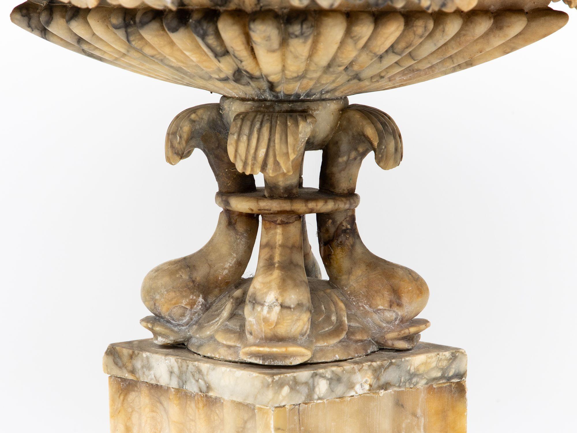 Une exquise urne en marbre italien néoclassique du XIXe siècle, sculptée en forme de diamant. Orné de vignes minutieusement sculptées, il présente un corps cannelé reposant sur quatre dauphins élégamment sculptés. De forme classique, les dauphins