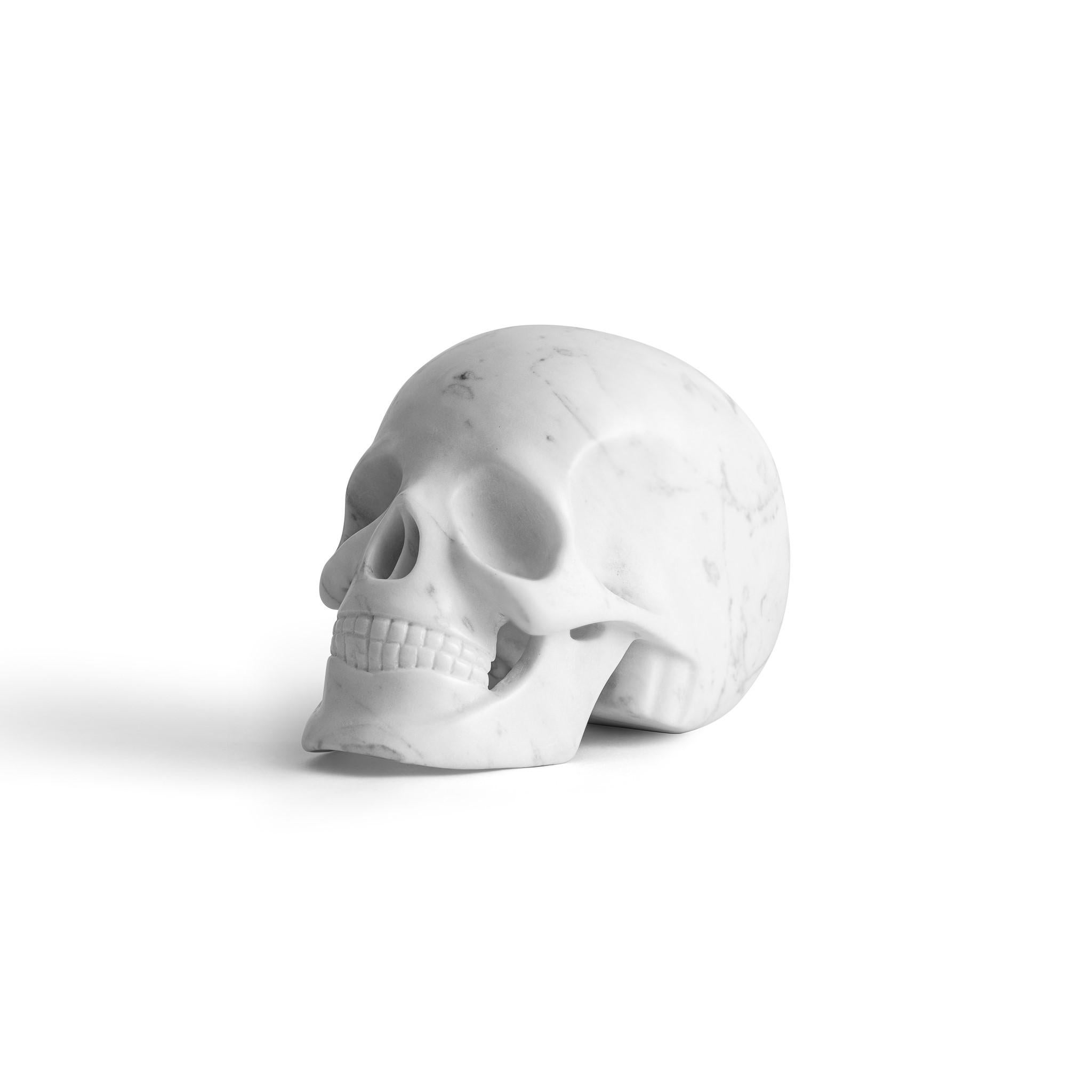 Immerse yourself in the stark elegance of our finely carved Carrara marble skull. Sculpted from the iconic white Carrara marble, renowned for its pure, luminous beauty, this piece encapsulates an alluring interplay between light and shadow, softness