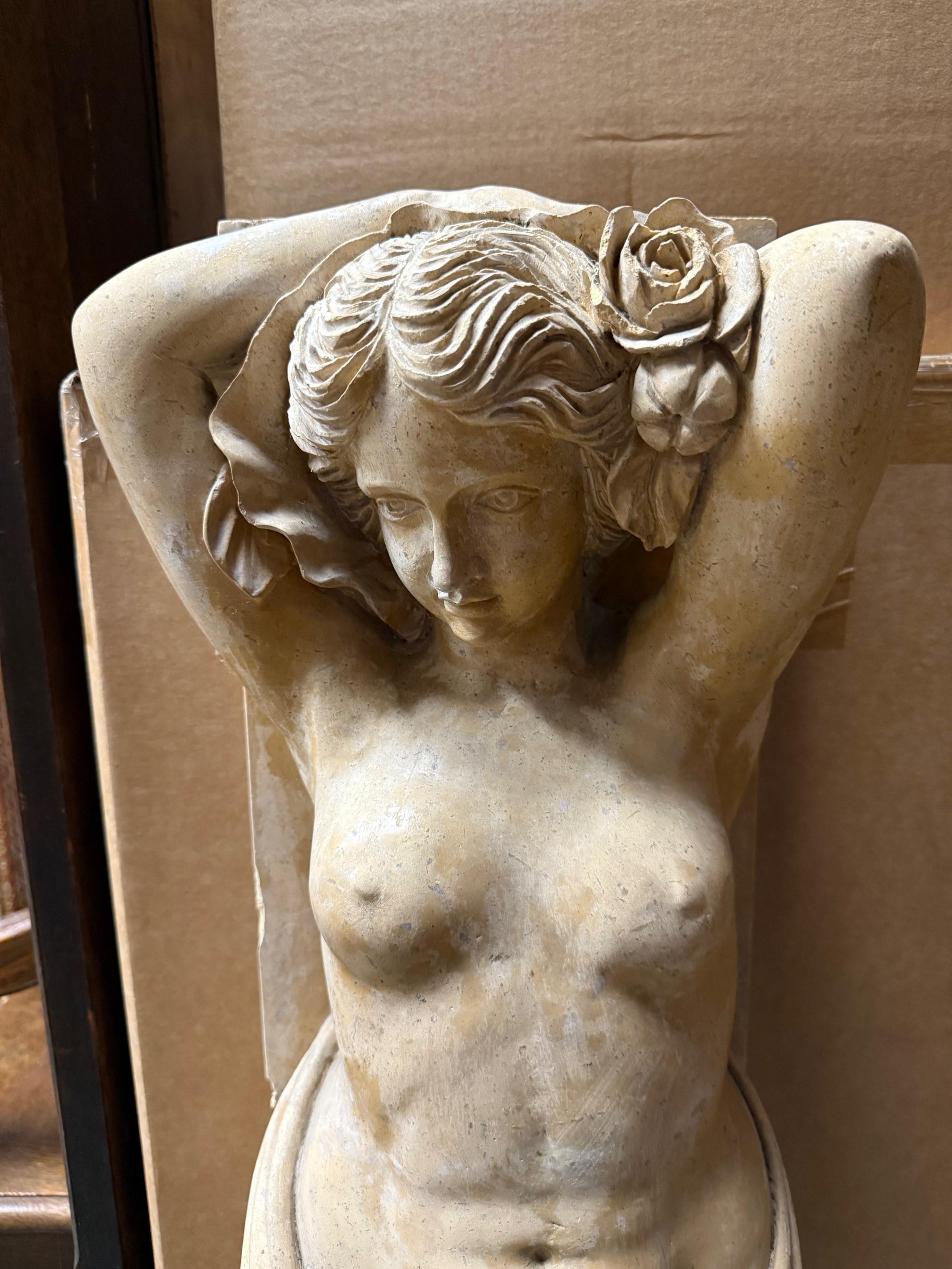 Carved Marble, Stone Nude Female Caryatid Form On Scrolled Bracket In Good Condition In Stamford, CT