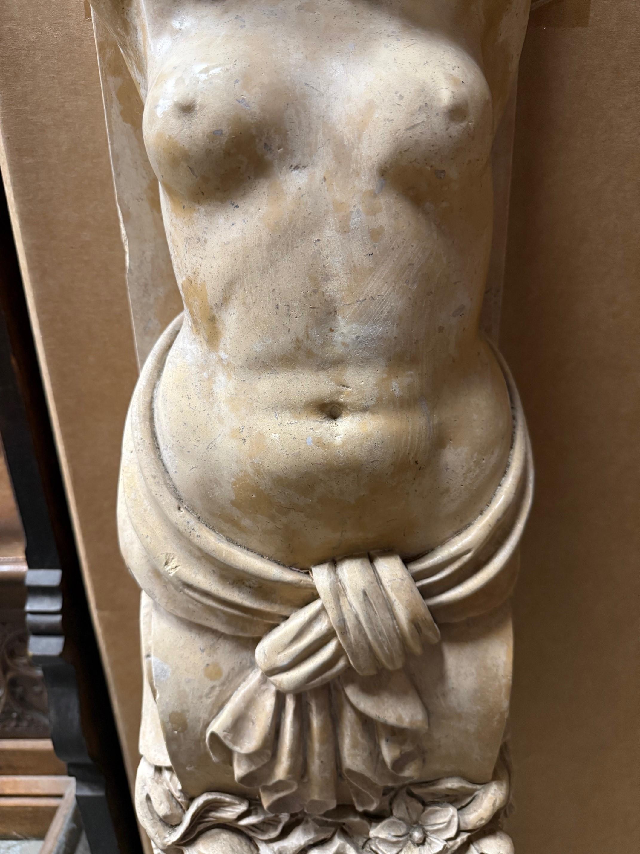 20th Century Carved Marble, Stone Nude Female Caryatid Form On Scrolled Bracket