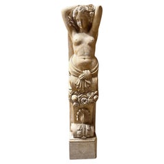 Carved Marble, Stone Nude Female Caryatid Form On Scrolled Bracket