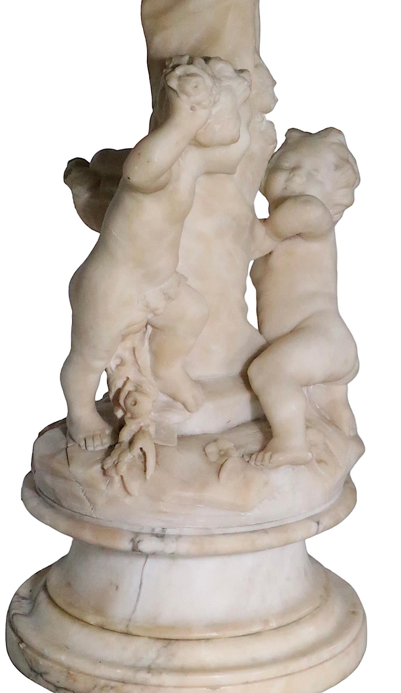 Italian Carved Marble Table Lamp with Cupid Figures Made in Italy signed Corsi  For Sale