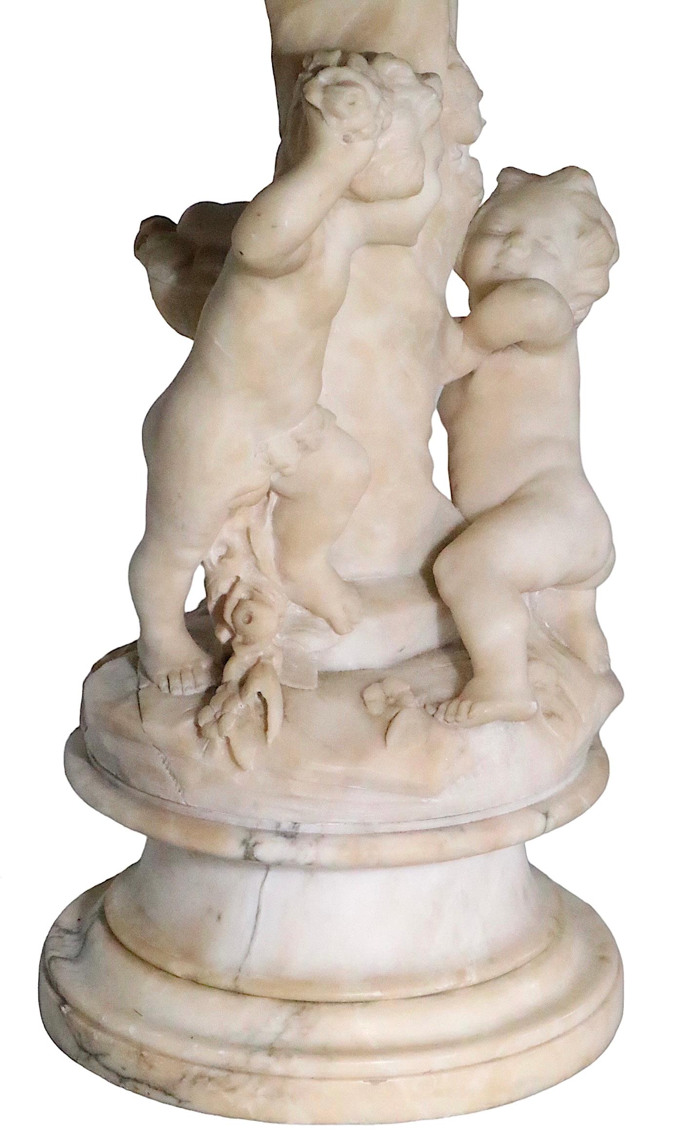 Hand-Carved Carved Marble Table Lamp with Cupid Figures Made in Italy signed Corsi  For Sale