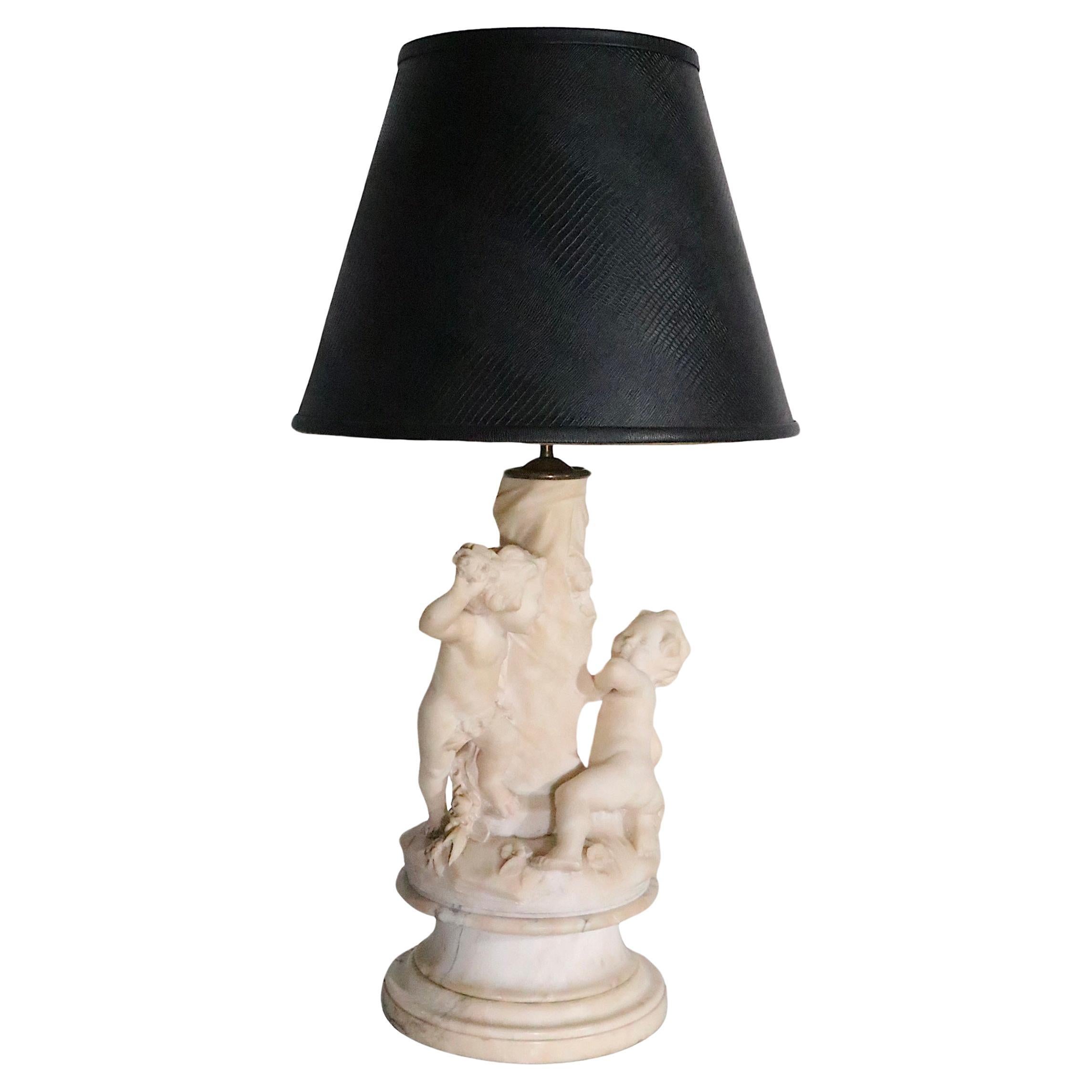 Carved Marble Table Lamp with Cupid Figures Made in Italy signed Corsi  For Sale
