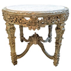 Carved Marble Top Center Dining or End Table, Rose and Grape with Leaf Decorated
