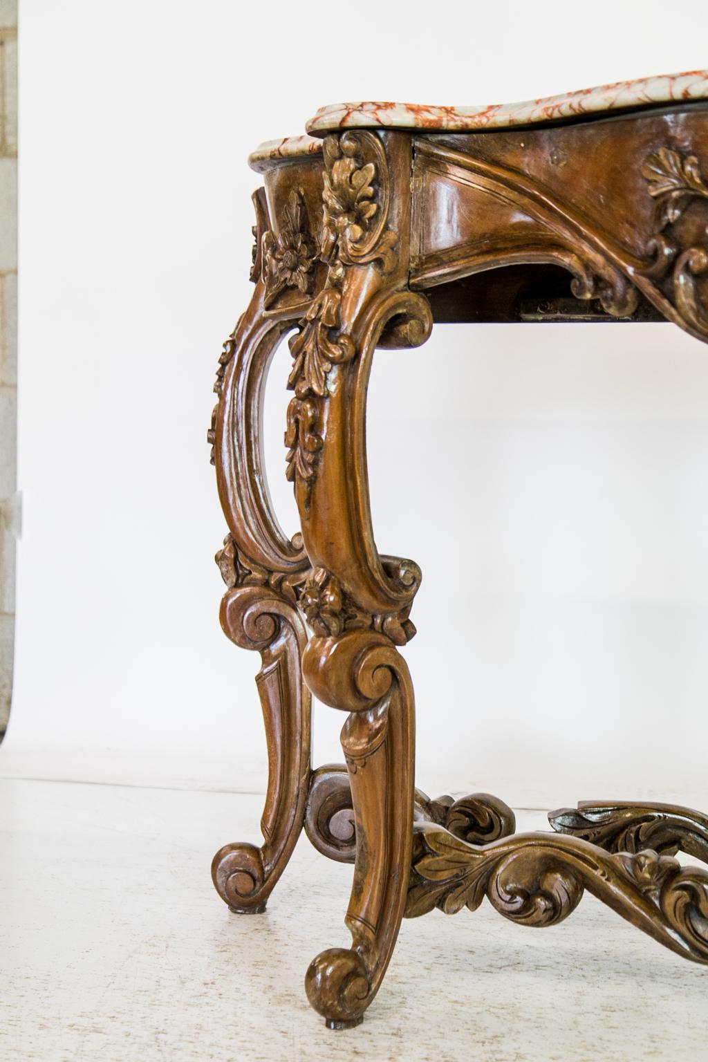 Carved Marble-Top Console Table In Good Condition In Wilson, NC