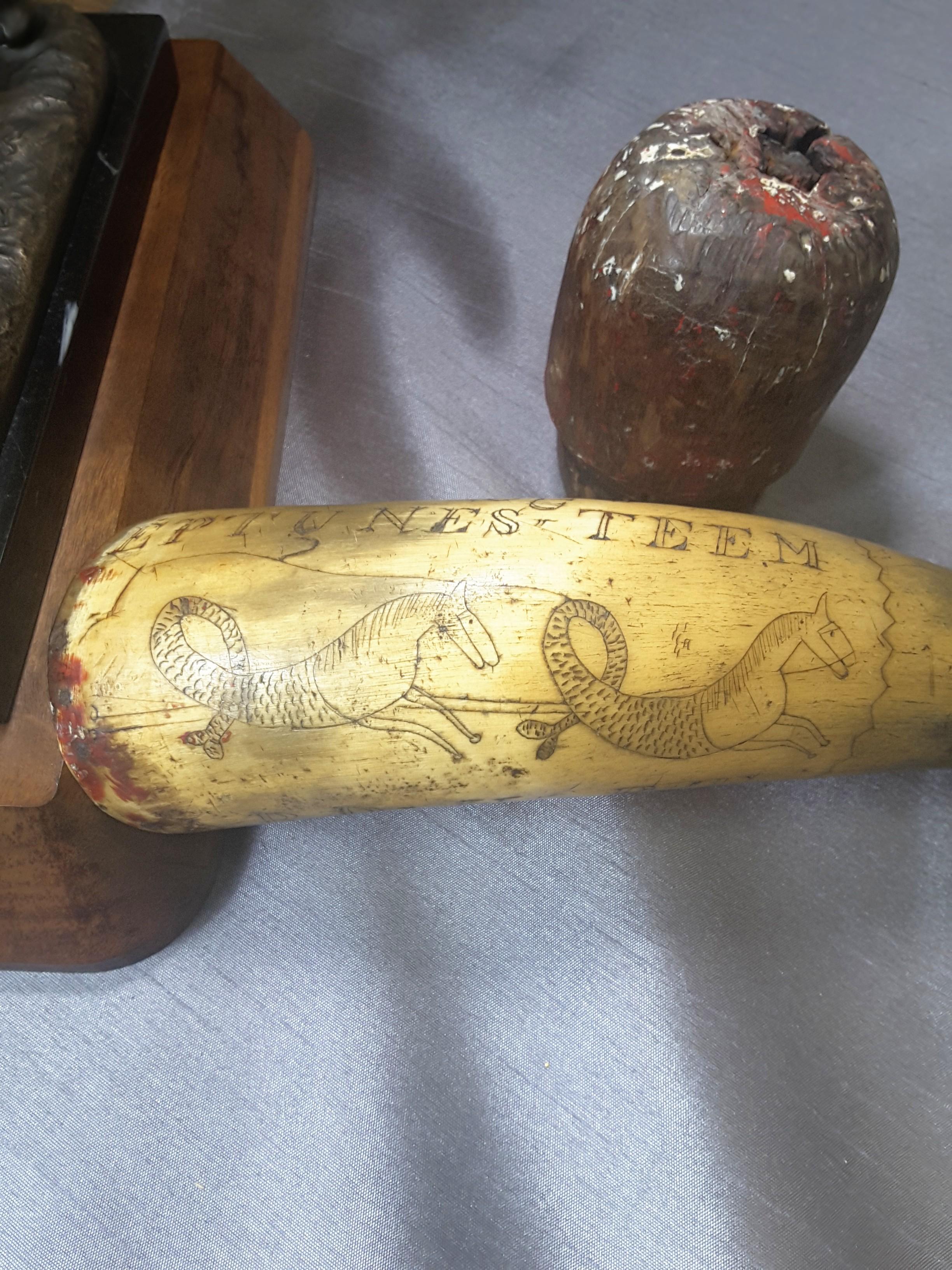 Folk Art Carved Marine Powder Horn Mermaids, Seahorses, Ship Maiden Dated May 19, 1864