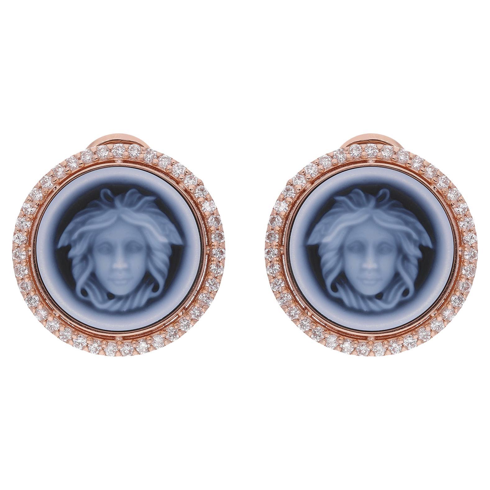 Boucles d
oreilles Medusa Cameo Onyx Noir Diamant Halo Or Rose 14 carats