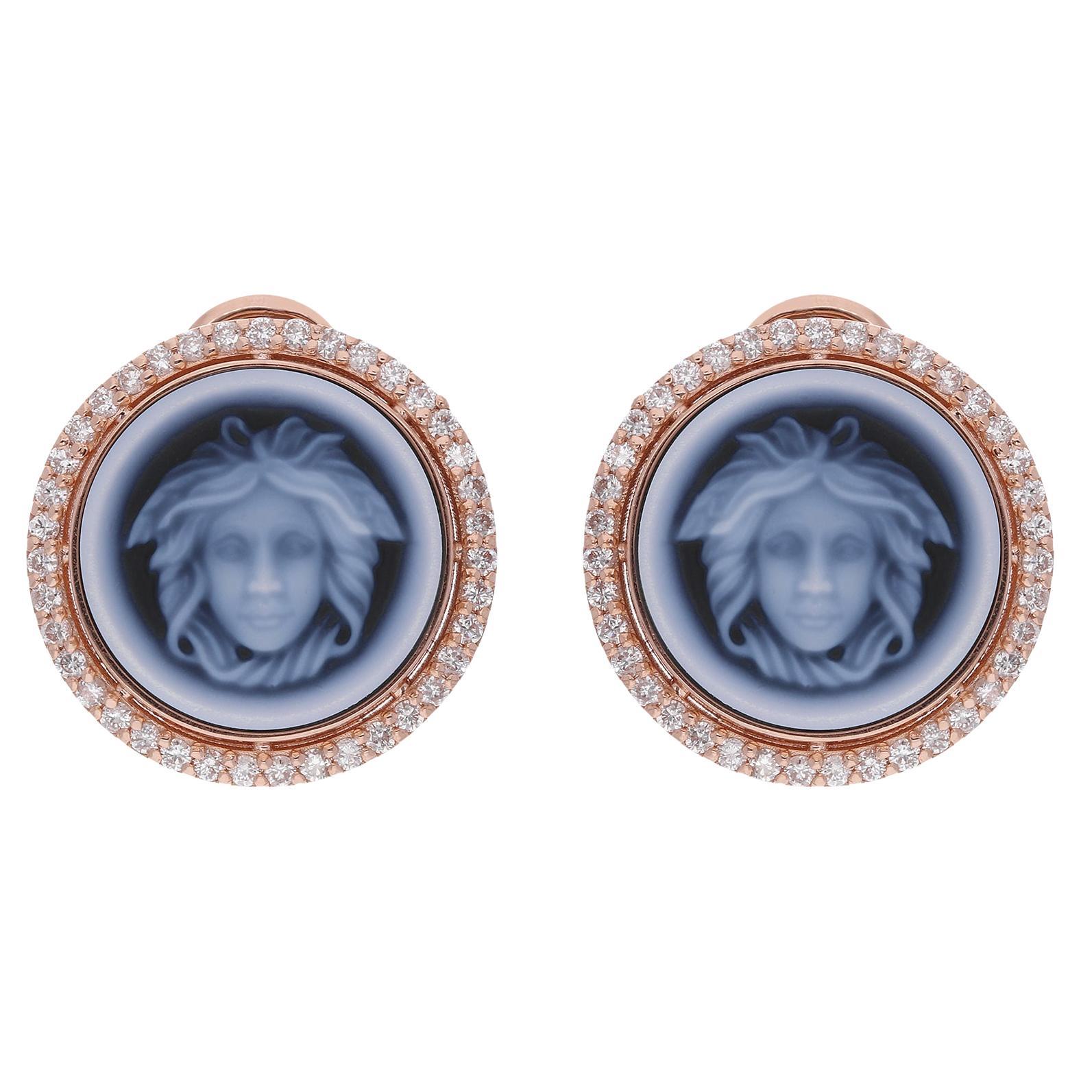 Taille ronde Boucles d'oreilles Medusa Cameo Onyx Noir Diamant Halo Or Rose 18 carats en vente