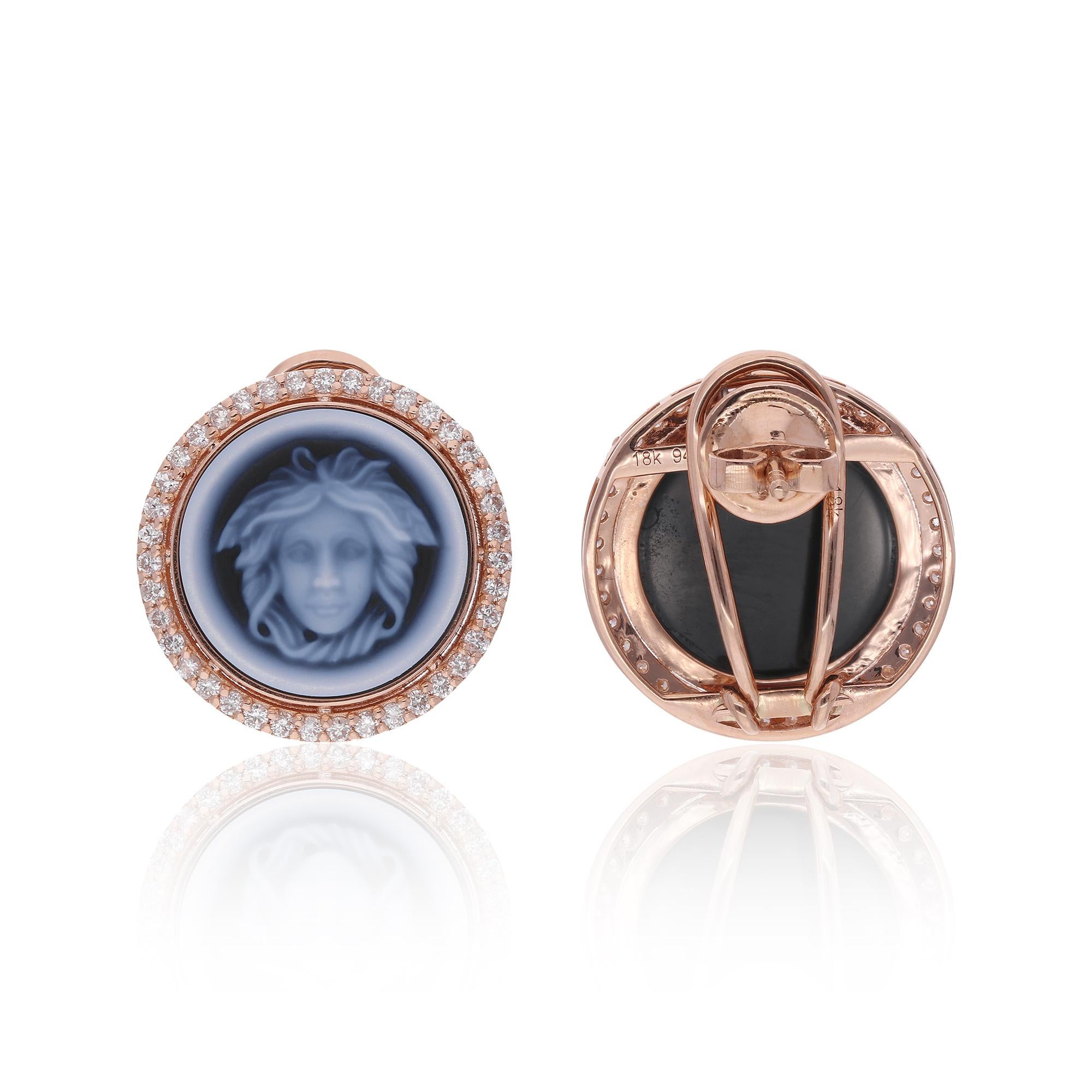 Boucles d'oreilles Medusa Cameo Onyx Noir Diamant Halo Or Rose 18 carats Neuf - En vente à Diera, Dubai