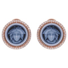 Boucles d
oreilles Medusa Cameo Onyx Noir Diamant Halo Or Rose 18 carats