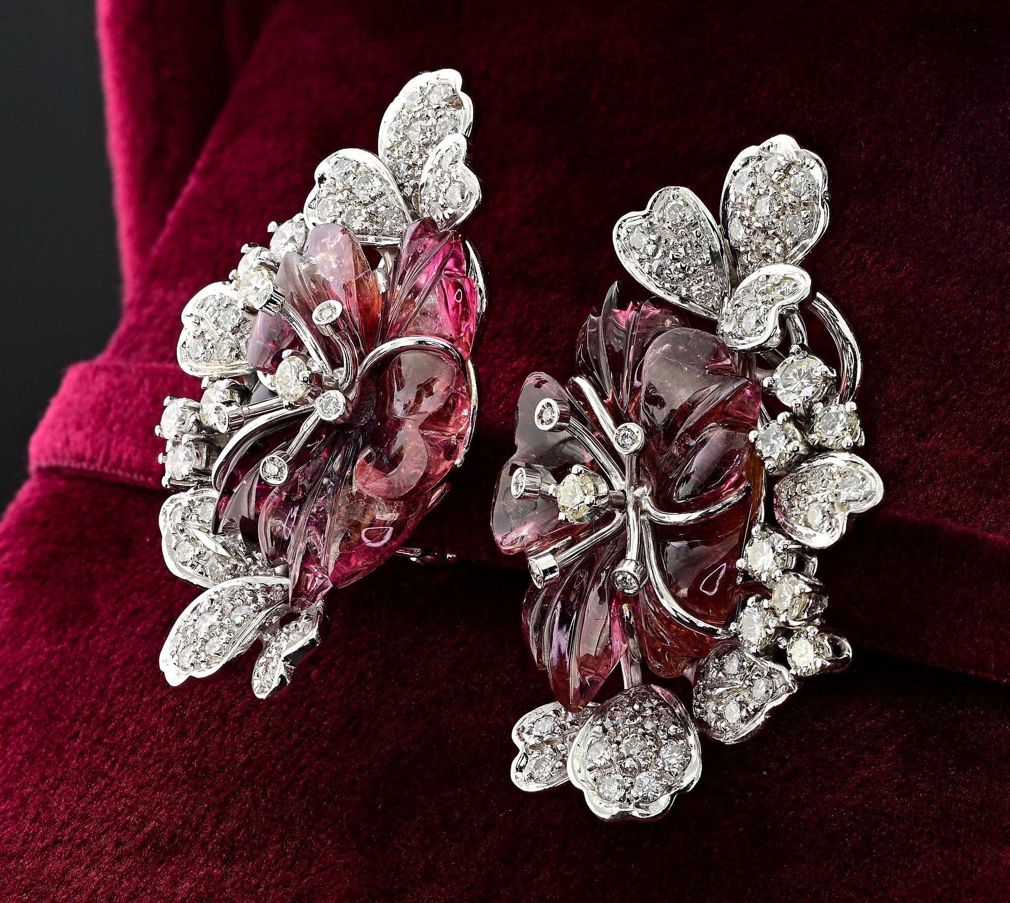 Women's Carved Melon Tourmaline 3.10 Carat Diamond Rare Flower Earrings For Sale