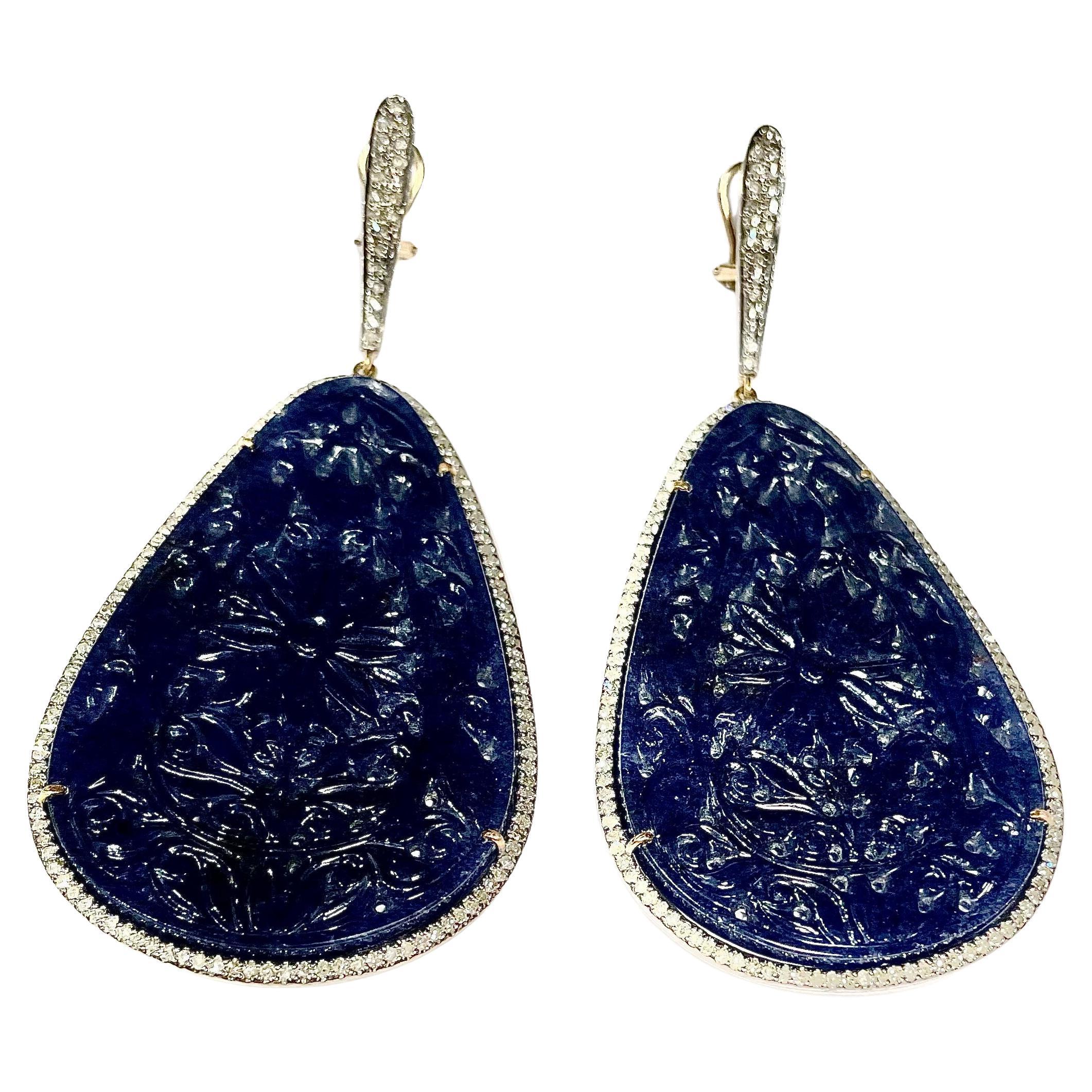 Carved Midnight Blue Onyx 105 Carats with Pave Diamonds Earrings For Sale